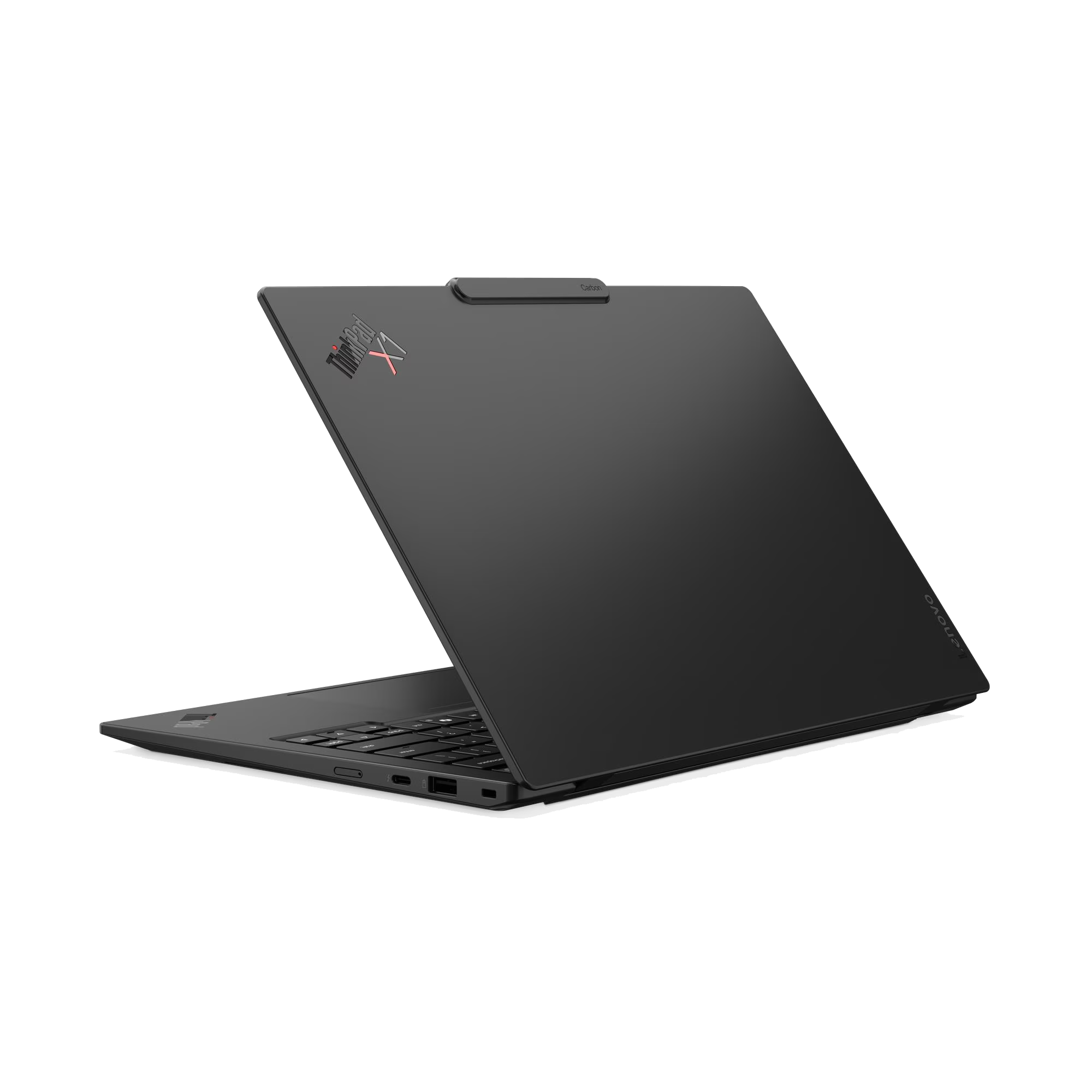 Portátil negro con logo rojo ThinkPad, tapa abierta, sobre fondo negro.