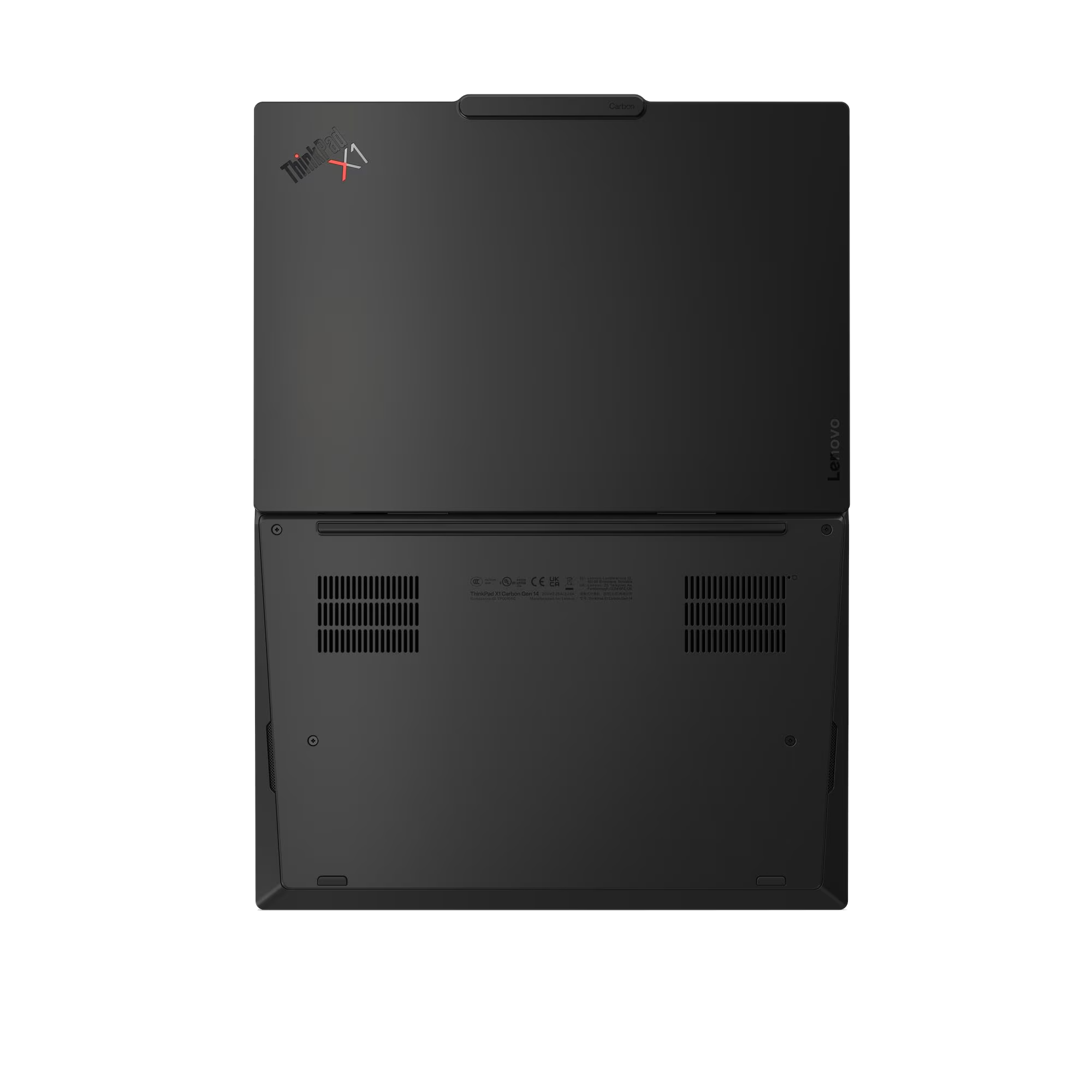 Portátil Lenovo ThinkPad X1 Carbon negro, vista inferior con rejillas y detalles.