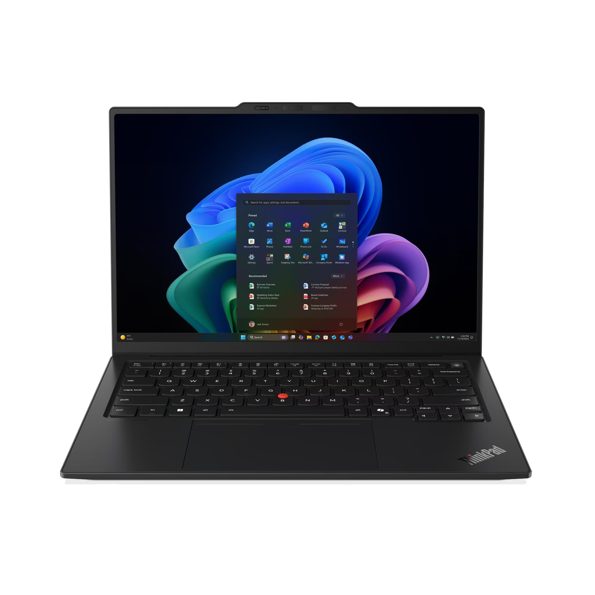 Un portátil ThinkPad negro mostrando el menú de inicio de Windows 11 con fondo de pantalla colorido.