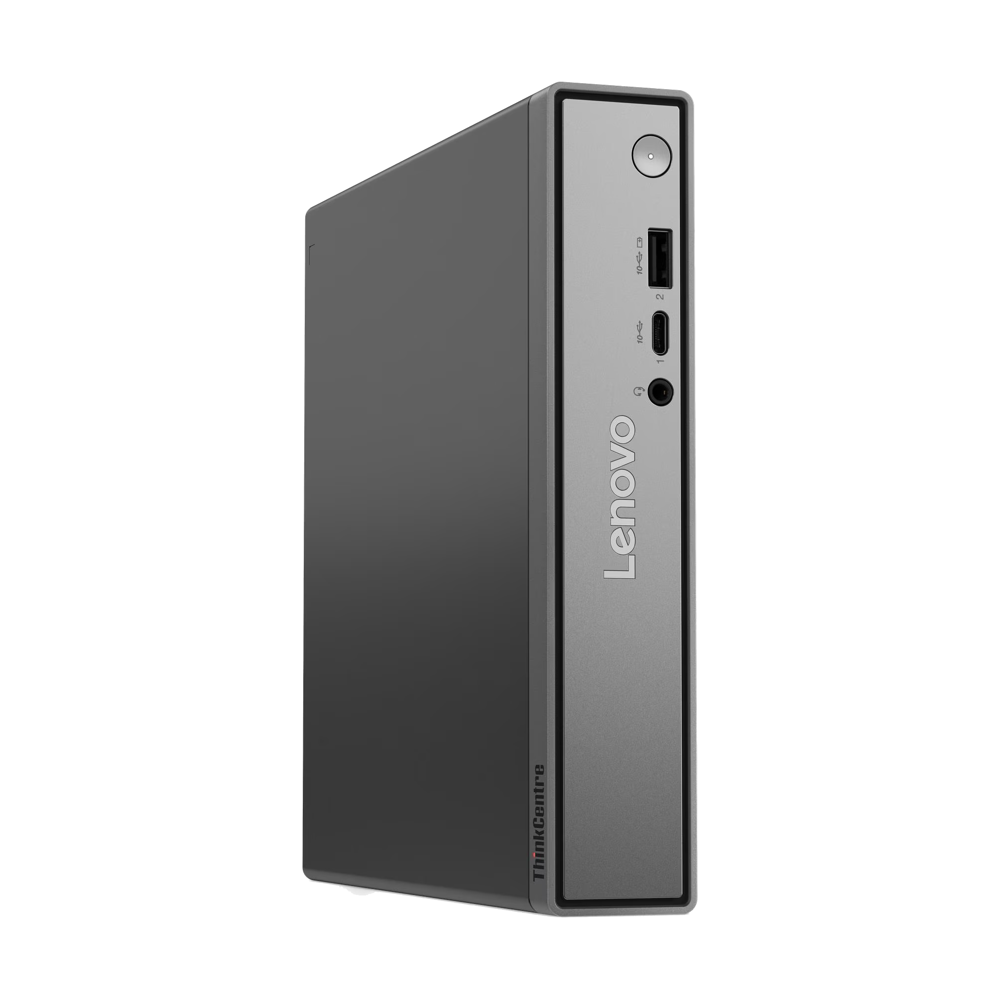 PC gris Lenovo ThinkCentre con puertos frontales y botón de encendido.