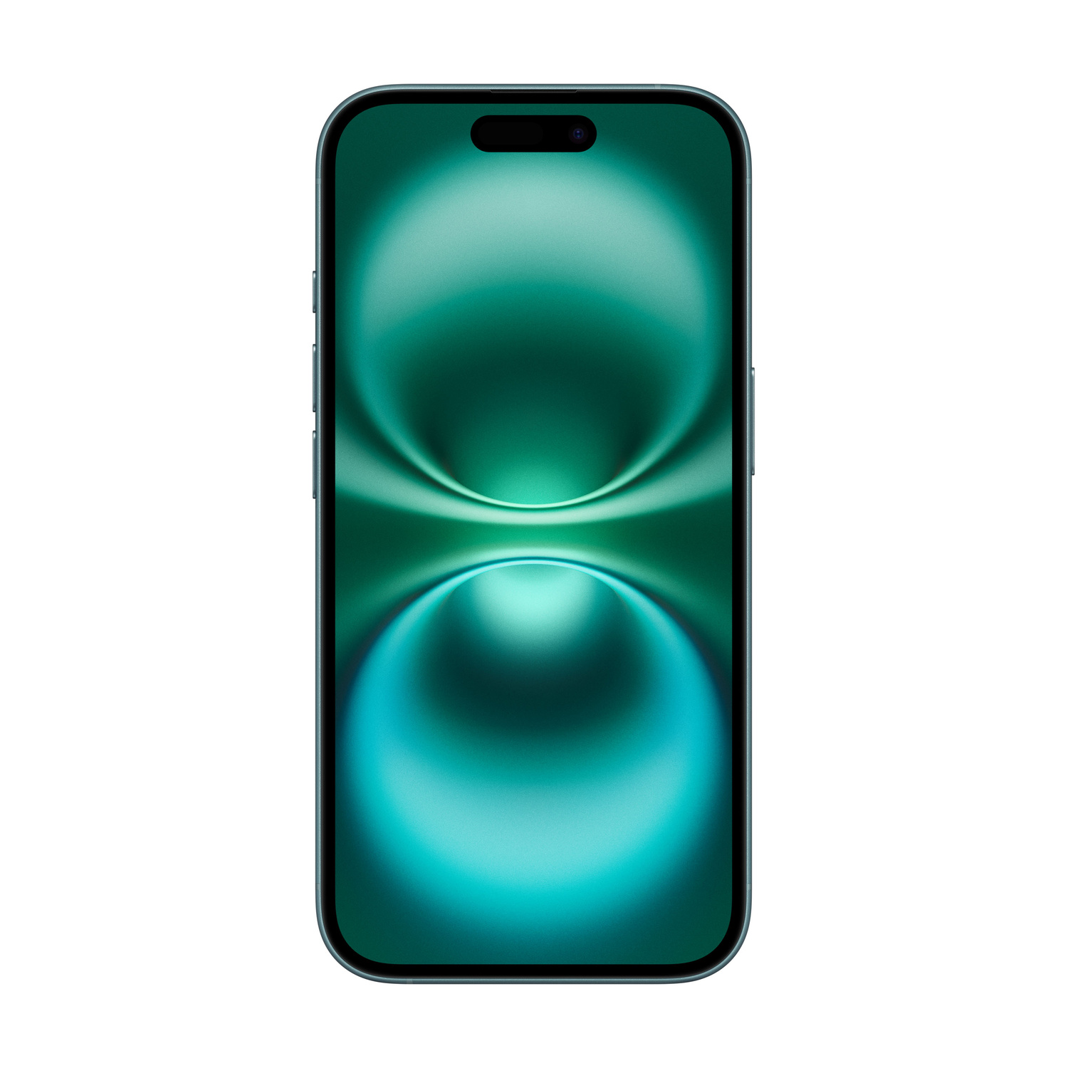 Uno smartphone scuro con uno sfondo astratto verde acqua. Design minimalista.