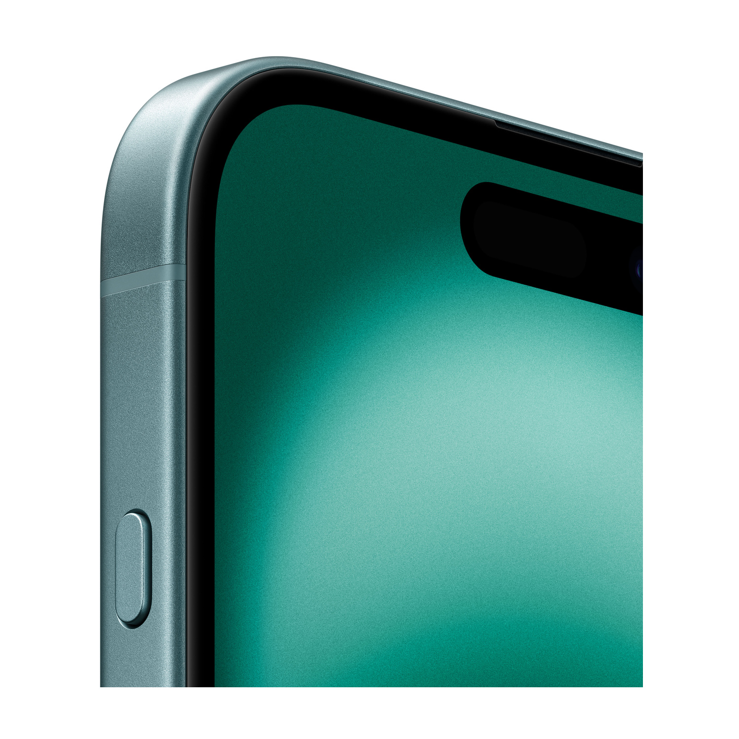 Primo piano del bordo in alto a sinistra di uno smartphone verde acqua con modulo fotocamera nero.