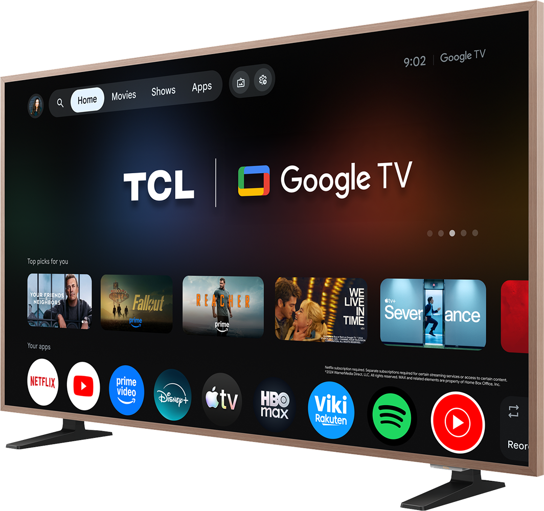 TCL Google TV alkalmazásokkal és filmekkel. Kezdőlap, Filmek, Műsorok, Alkalmazások láthatók.