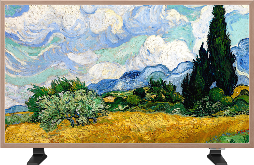 Van Gogh festmény: sárga mező, zöld fák, kék hegyek örvénylő felhők alatt.