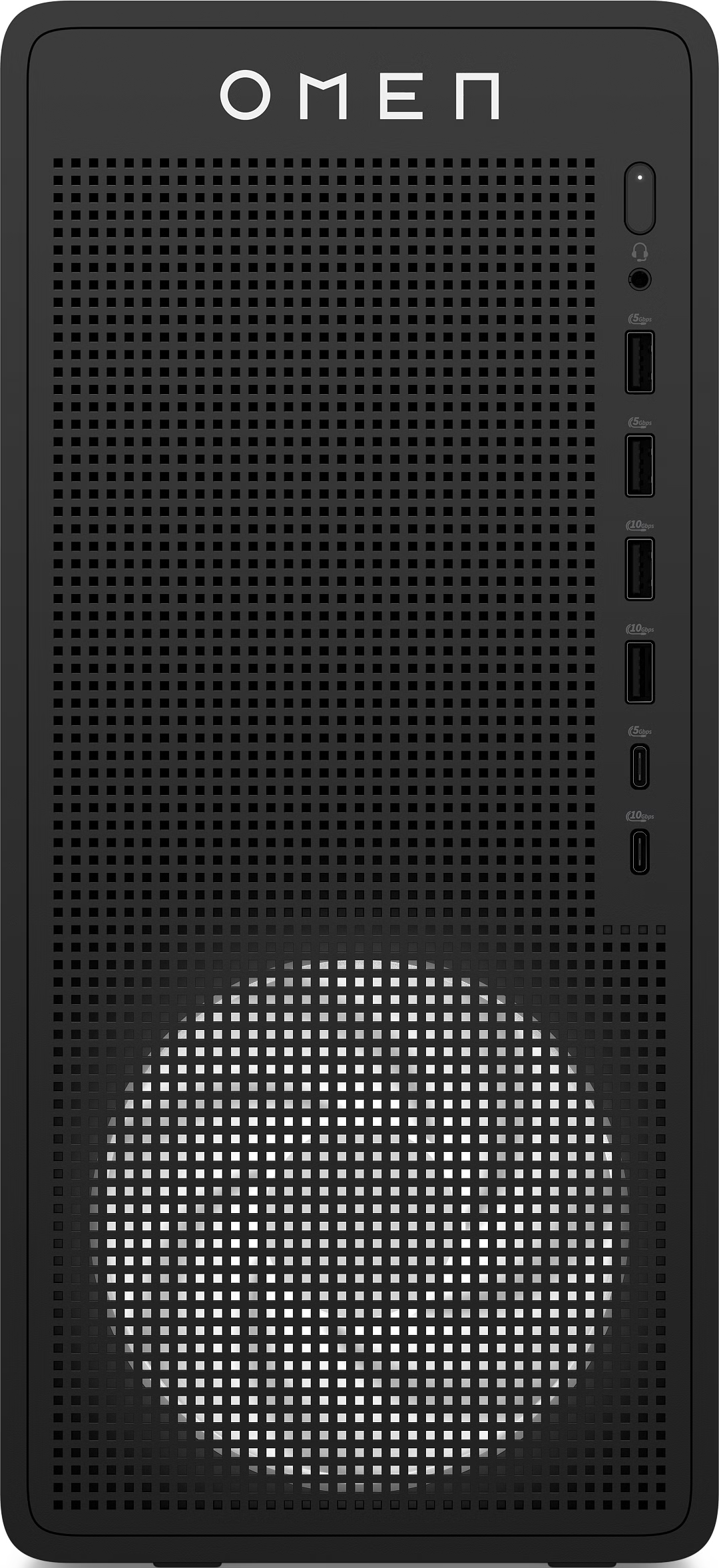Schwarzer OMEN PC mit perforierter Front und USB-Anschlüssen.