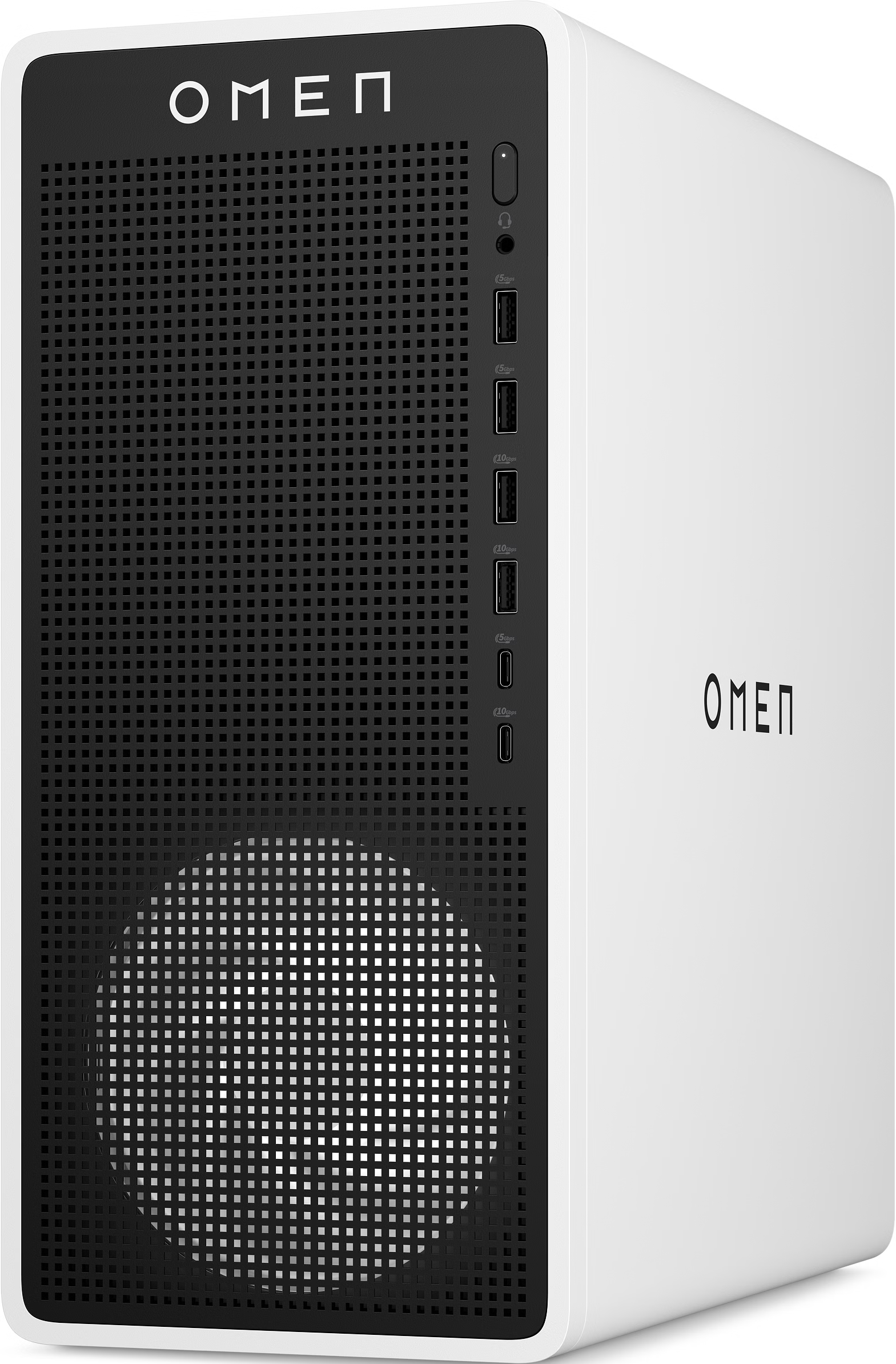 Ein weißer Gaming-PC mit schwarzem perforiertem Frontpanel und OMEN-Logo.
