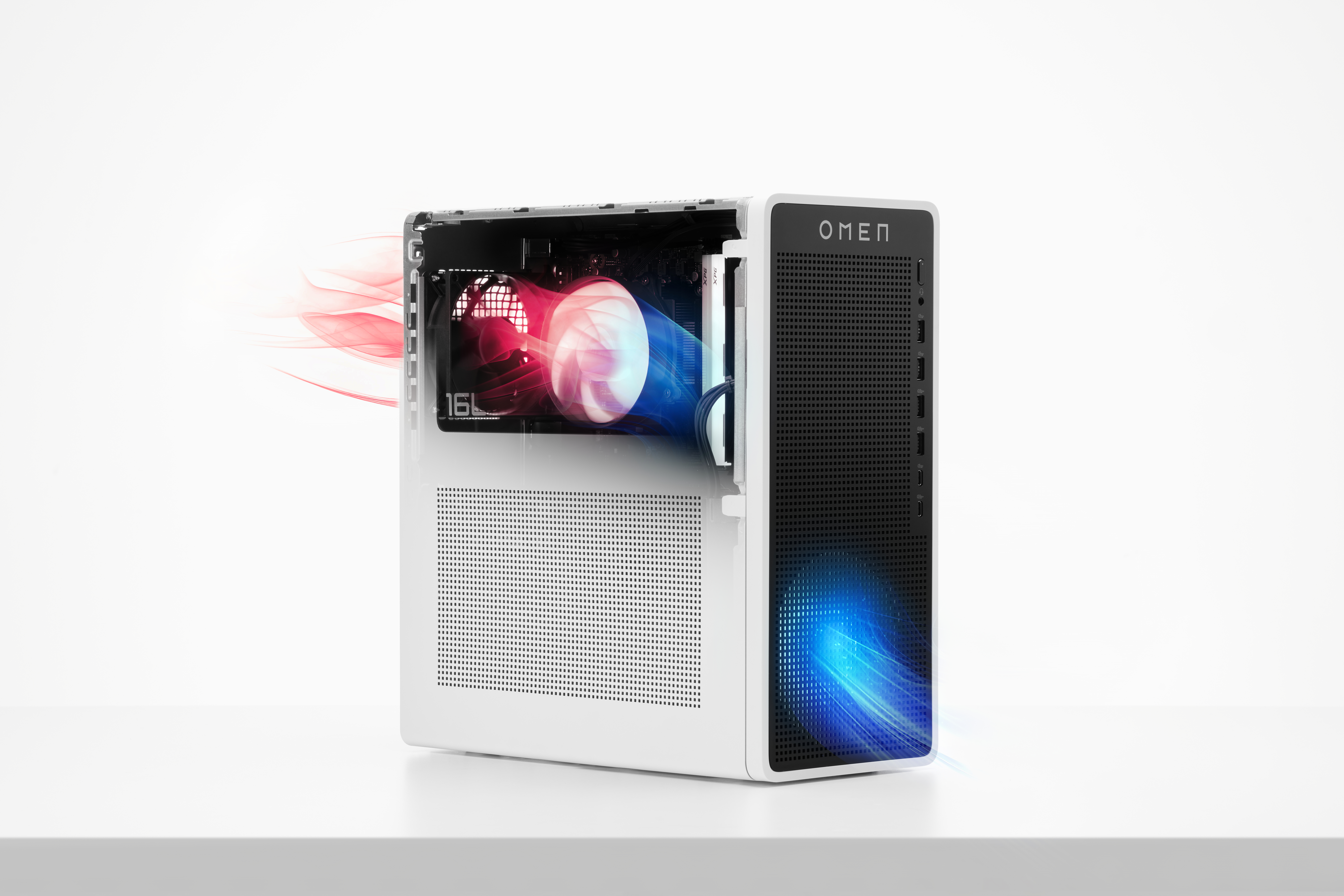 Ein weißer OMEN PC mit roten und blauen Luftströmen, die Kühlung anzeigen.