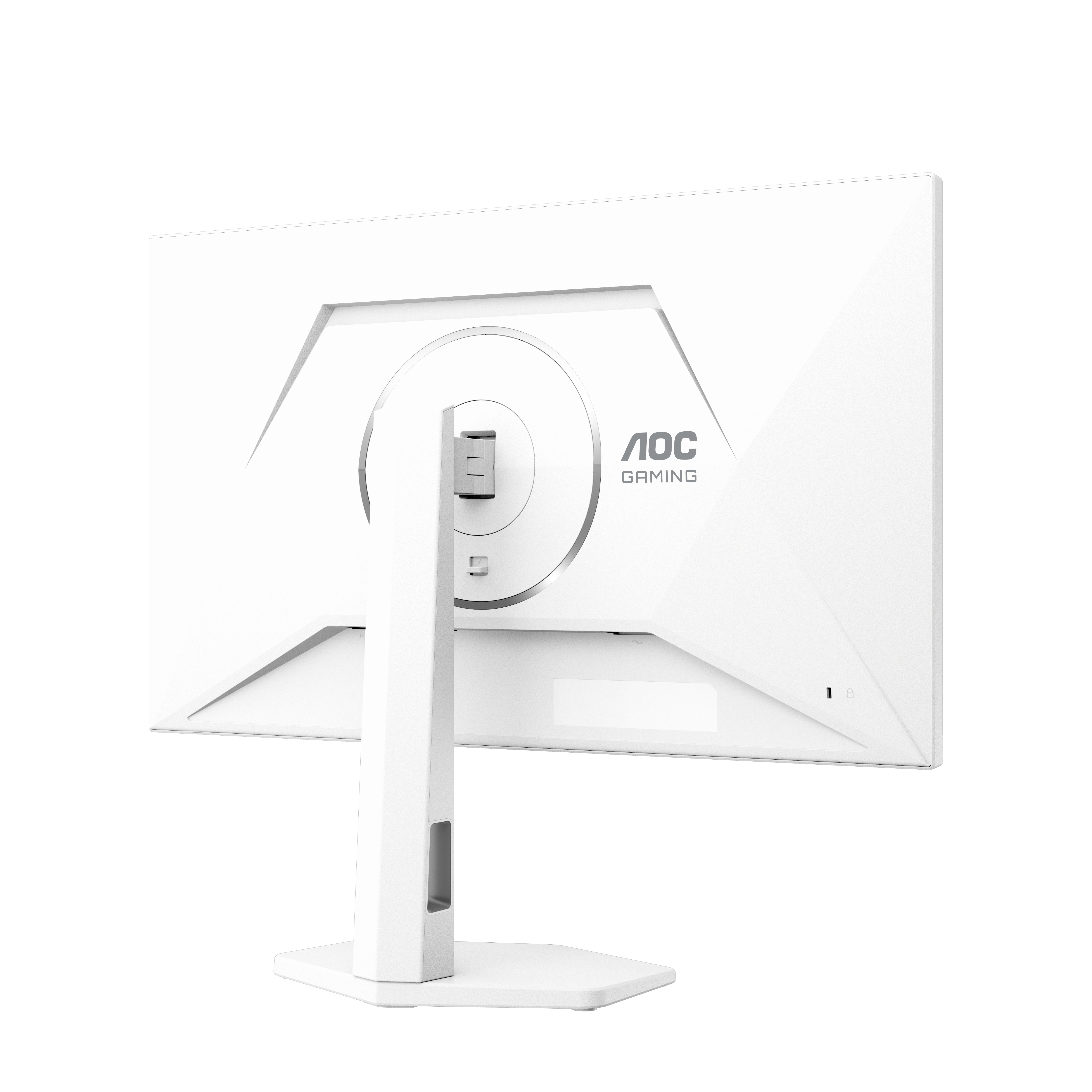 Rückseite eines weißen AOC Gaming Monitors mit Ständer, weißer Hintergrund.