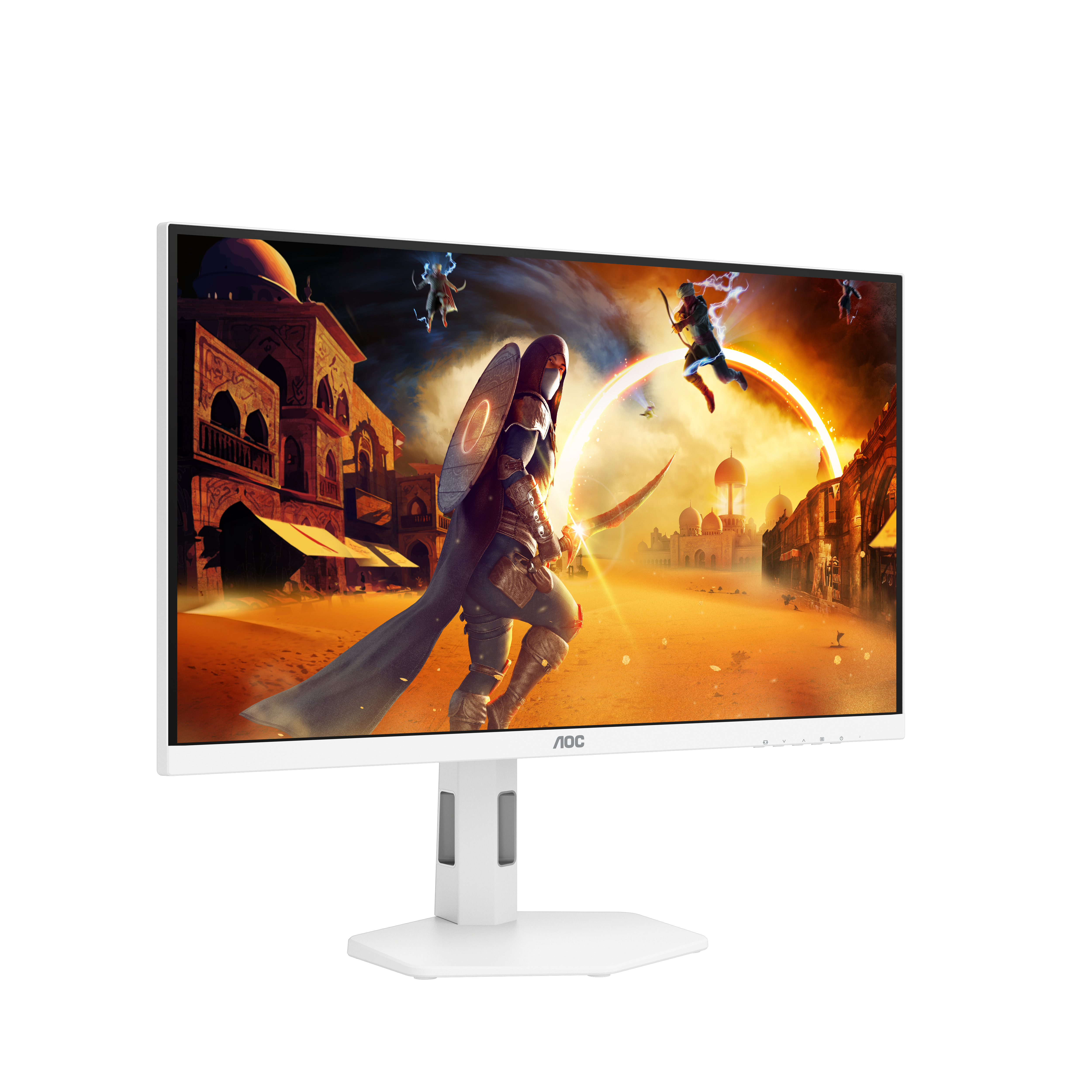 Ein Monitor zeigt ein Fantasy-Kampfspiel im orientalischen Setting.