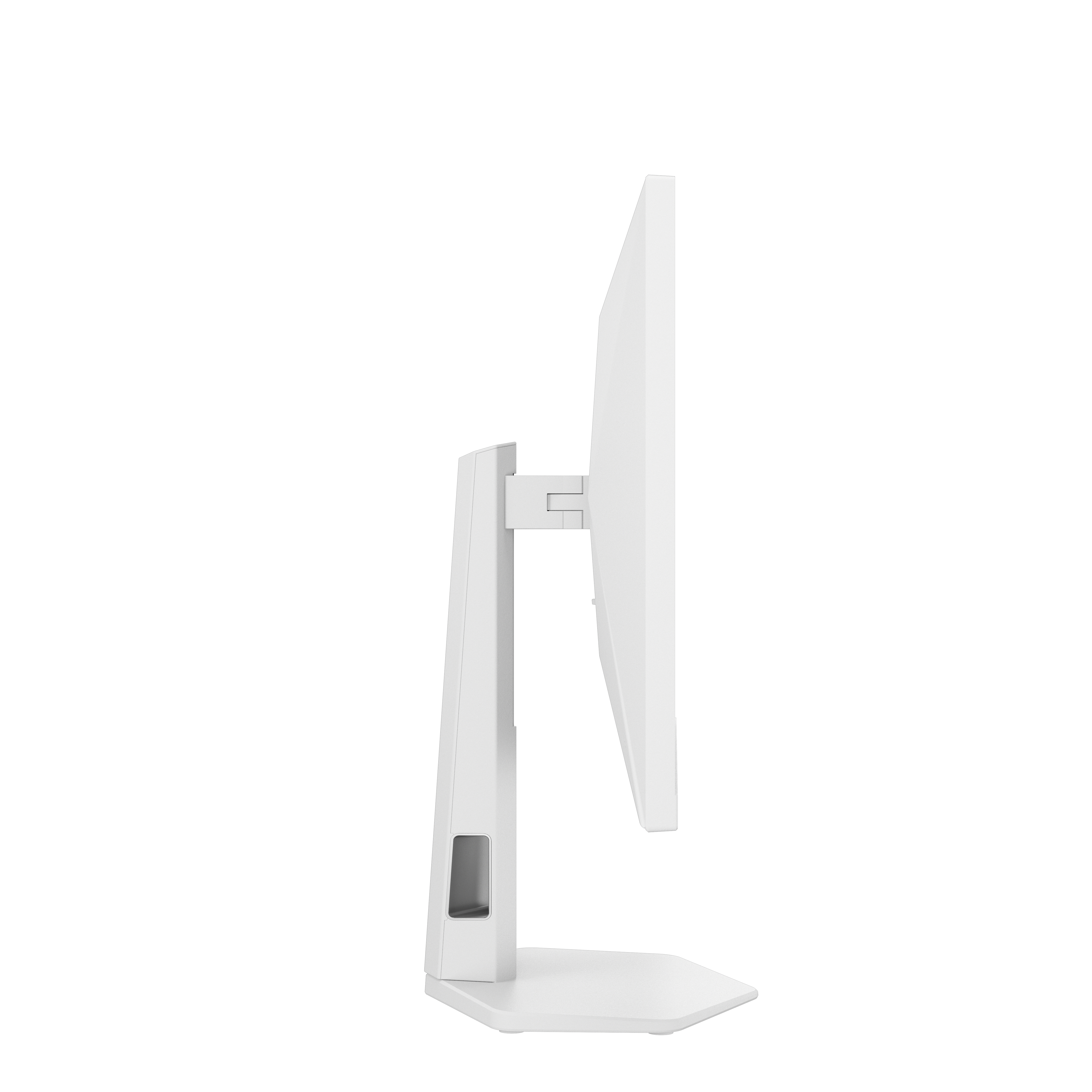 Ein weißer Computermonitor auf einem Ständer, von der Seite gesehen.