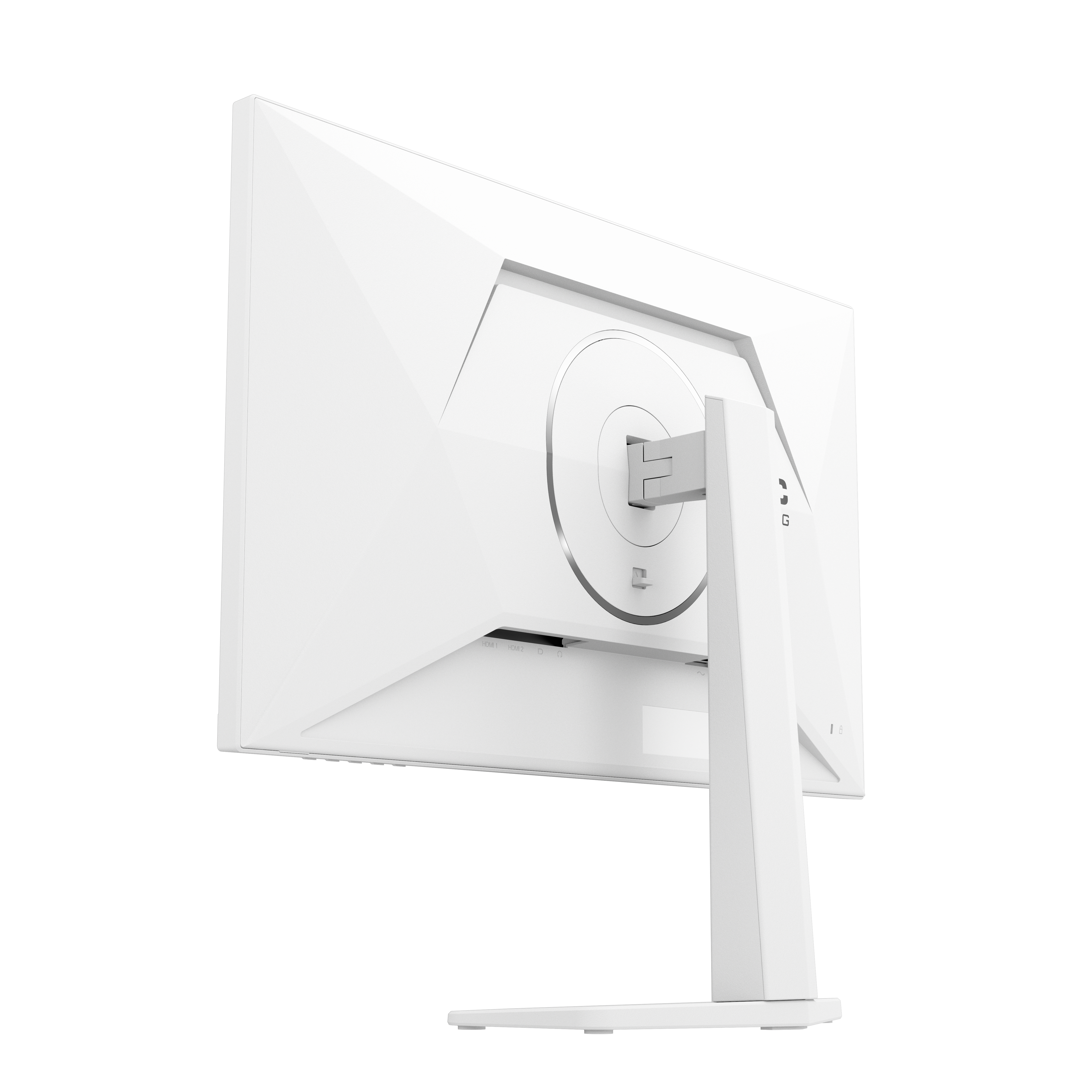 Weiße Monitorrückseite mit verstellbarem Ständer und Anschlüssen.