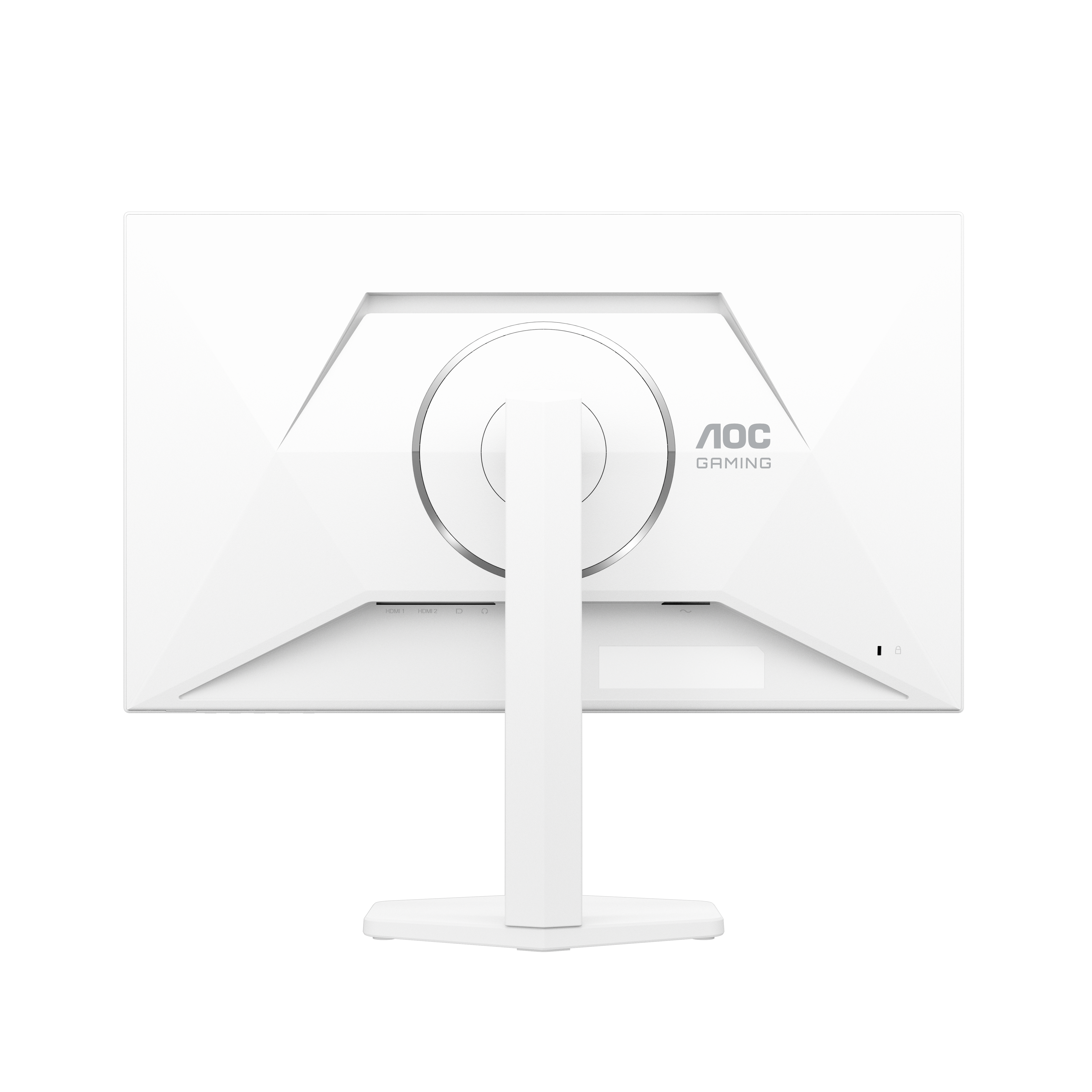 Rückseite eines weißen AOC Gaming Monitors mit Standfuß und Anschlüssen.