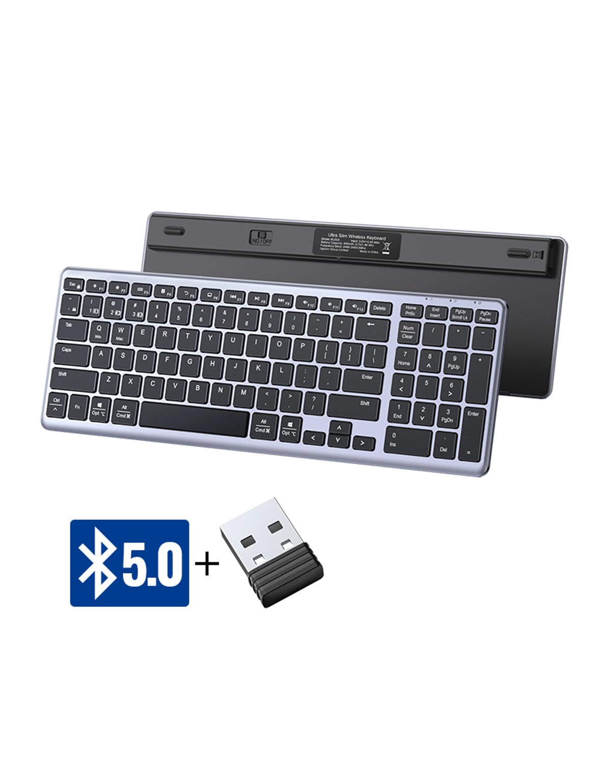 Beyaz arka plan üzerinde Bluetooth 5.0 ve USB alıcılı siyah klavye.