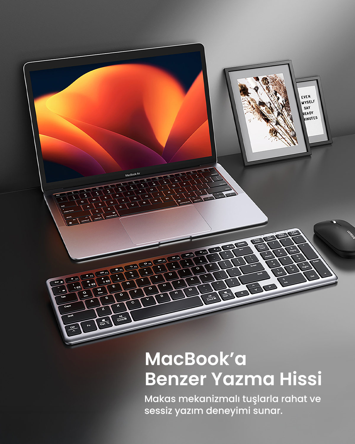Gümüş rengi laptop, klavye ve fare ile, arkada iki resim çerçevesi.