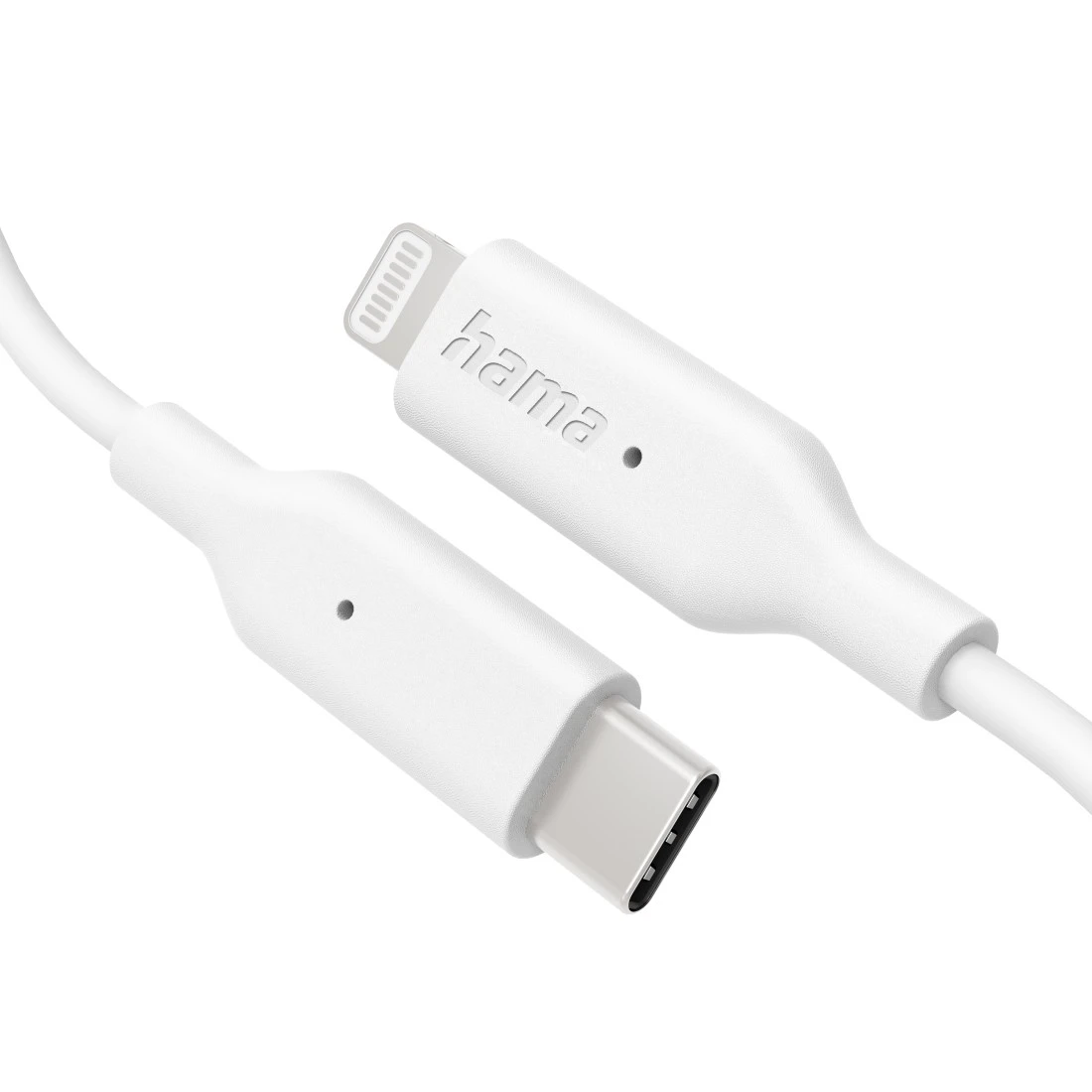 Ein weißes USB-C-zu-Lightning-Kabel von Hama auf weißem Hintergrund.