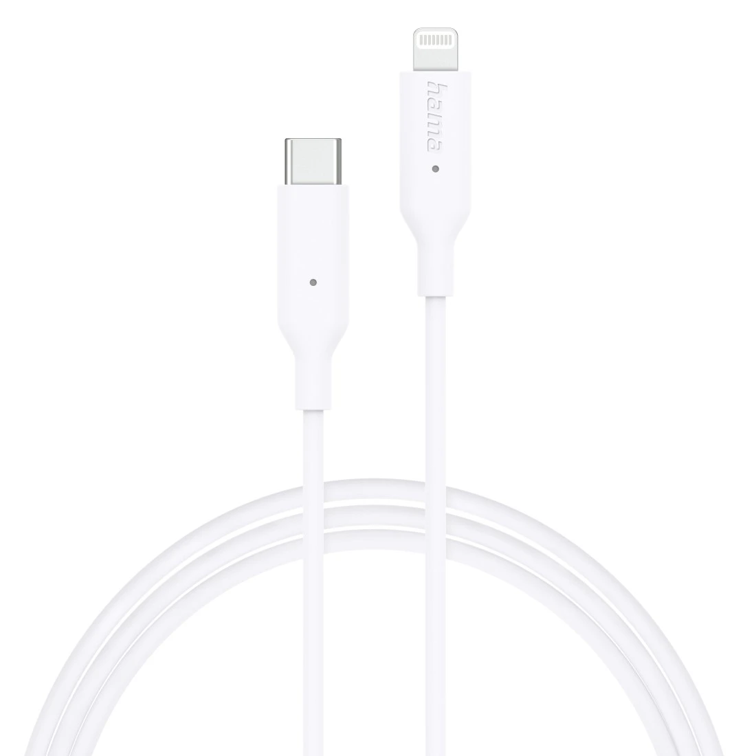Ein weißes USB-C-zu-Lightning-Kabel liegt auf weißem Hintergrund.