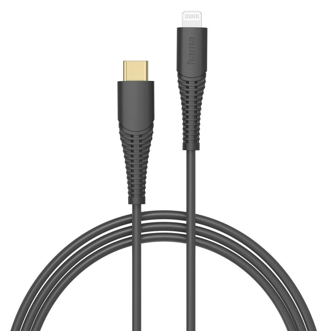Schwarzes USB-C-zu-Lightning-Kabel mit texturierten Griffen und goldenem USB-C-Anschluss.