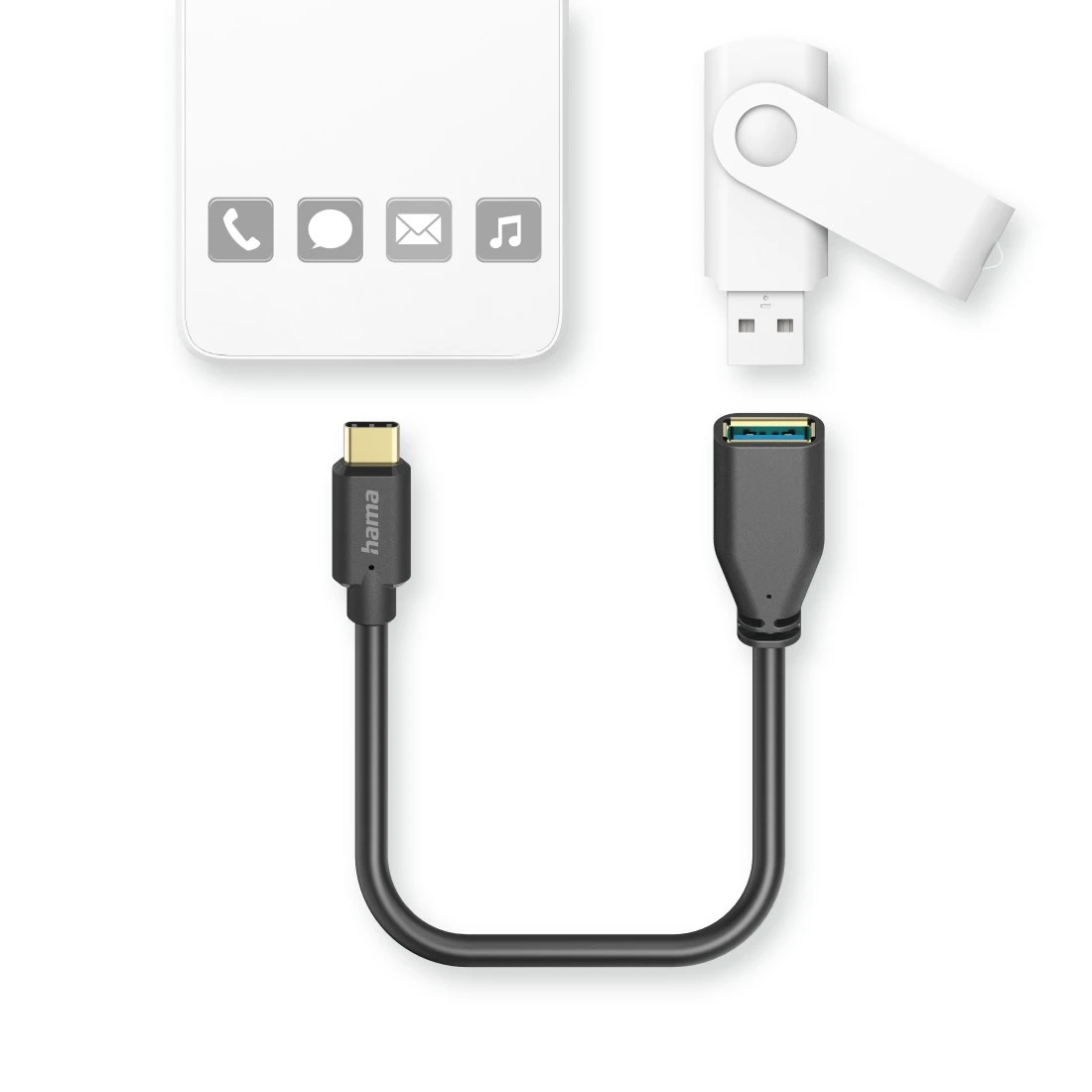 Ein USB-C-zu-USB-A-Adapterkabel neben einem USB-Stick und einem Smartphone-Display.