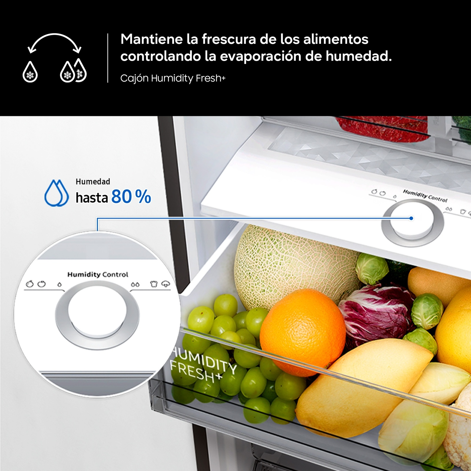 Un cajón de refrigerador con frutas y verduras, mostrando control de humedad.