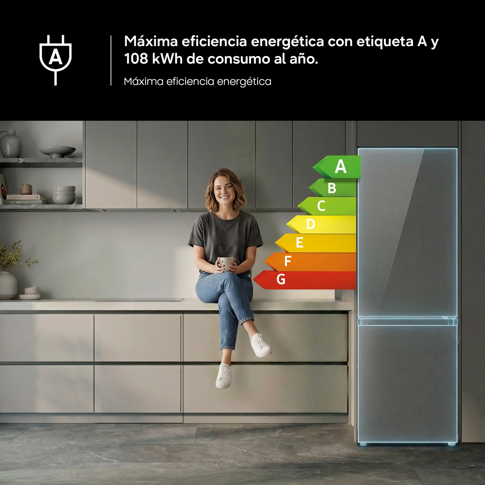 Mujer sentada en encimera de cocina junto a frigorífico con etiqueta energética.
