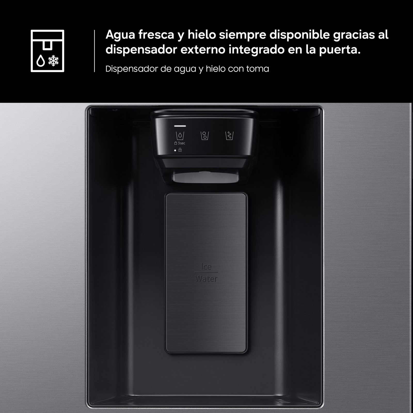 Dispensador de agua y hielo con toma de agua. Agua fresca y hielo siempre disponible gracias al dispensador externo integrado en la puerta