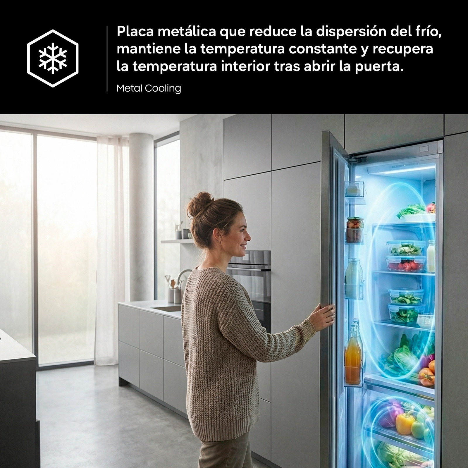 Metal Cooling. Placa metálica que reduce la dispersión del frío, mantiene la temperatura constante y recupera la temperatura interior tras abrir la puerta.
