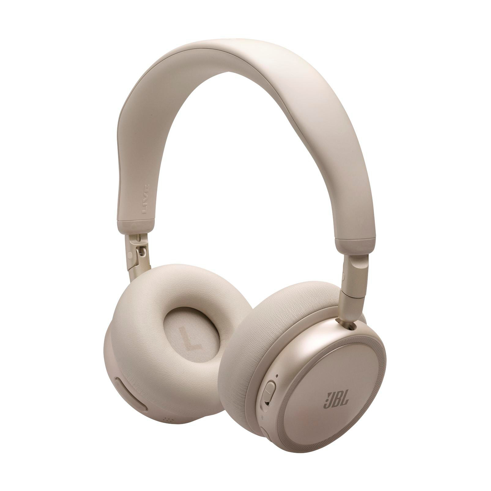 Beige JBL Kopfhörer mit gepolsterten Ohrmuscheln und verstellbarem Bügel.