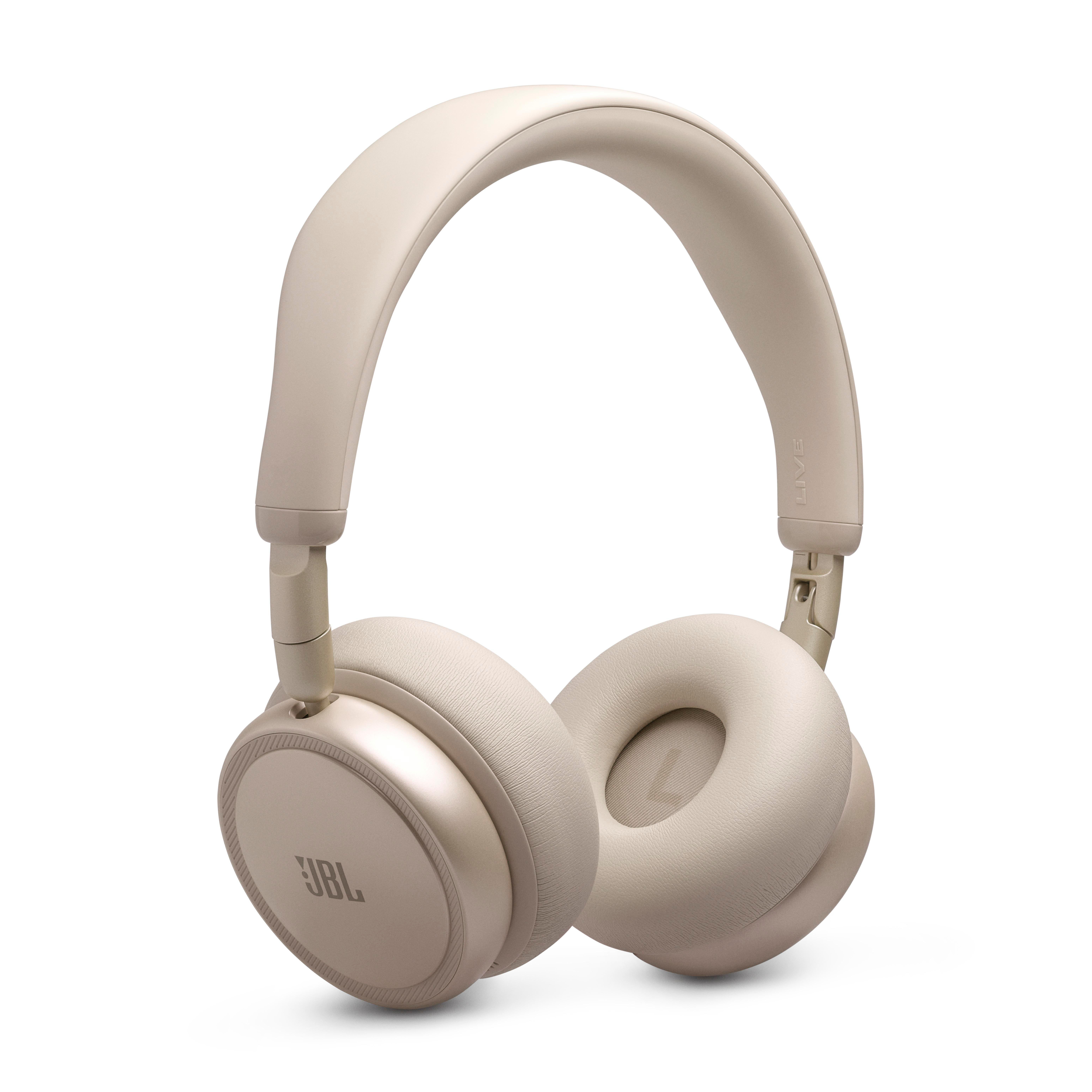 Beige JBL Kopfhörer mit gepolsterten Ohrmuscheln und verstellbarem Bügel.