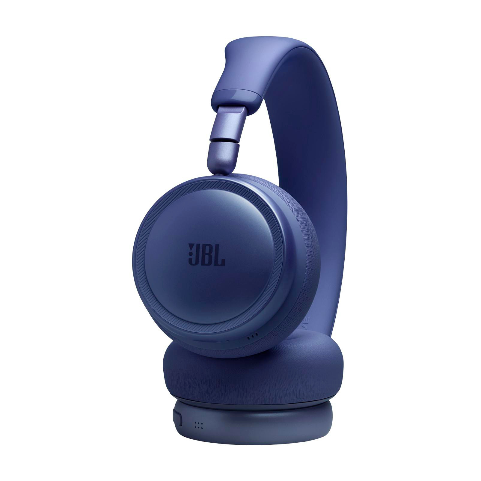 Eine marineblaue JBL-Kopfhörer mit über dem Ohr liegenden Ohrmuscheln, auf weißem Hintergrund.