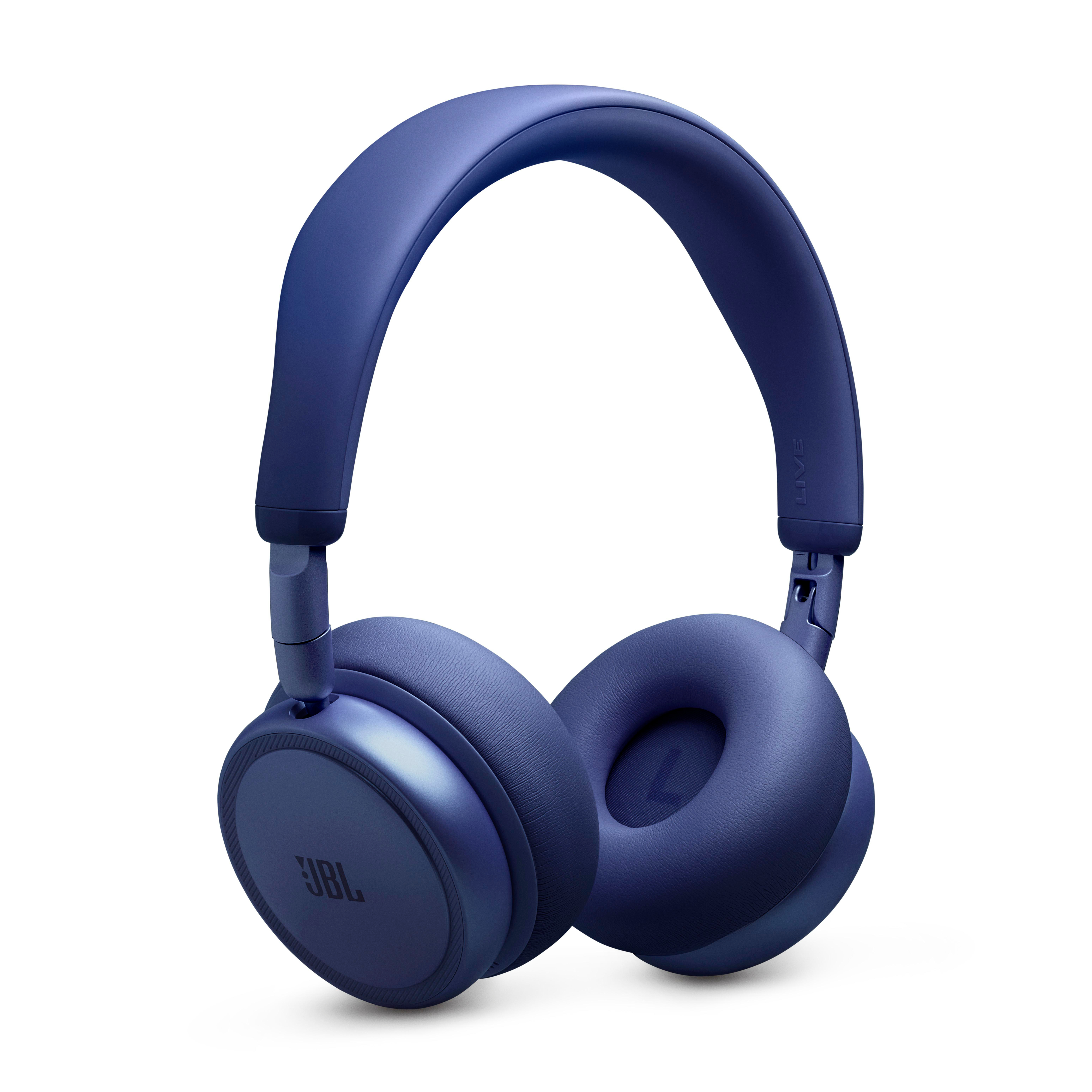 Dunkelblaue JBL-Kopfhörer mit gepolsterten Ohrmuscheln und verstellbarem Kopfbügel.