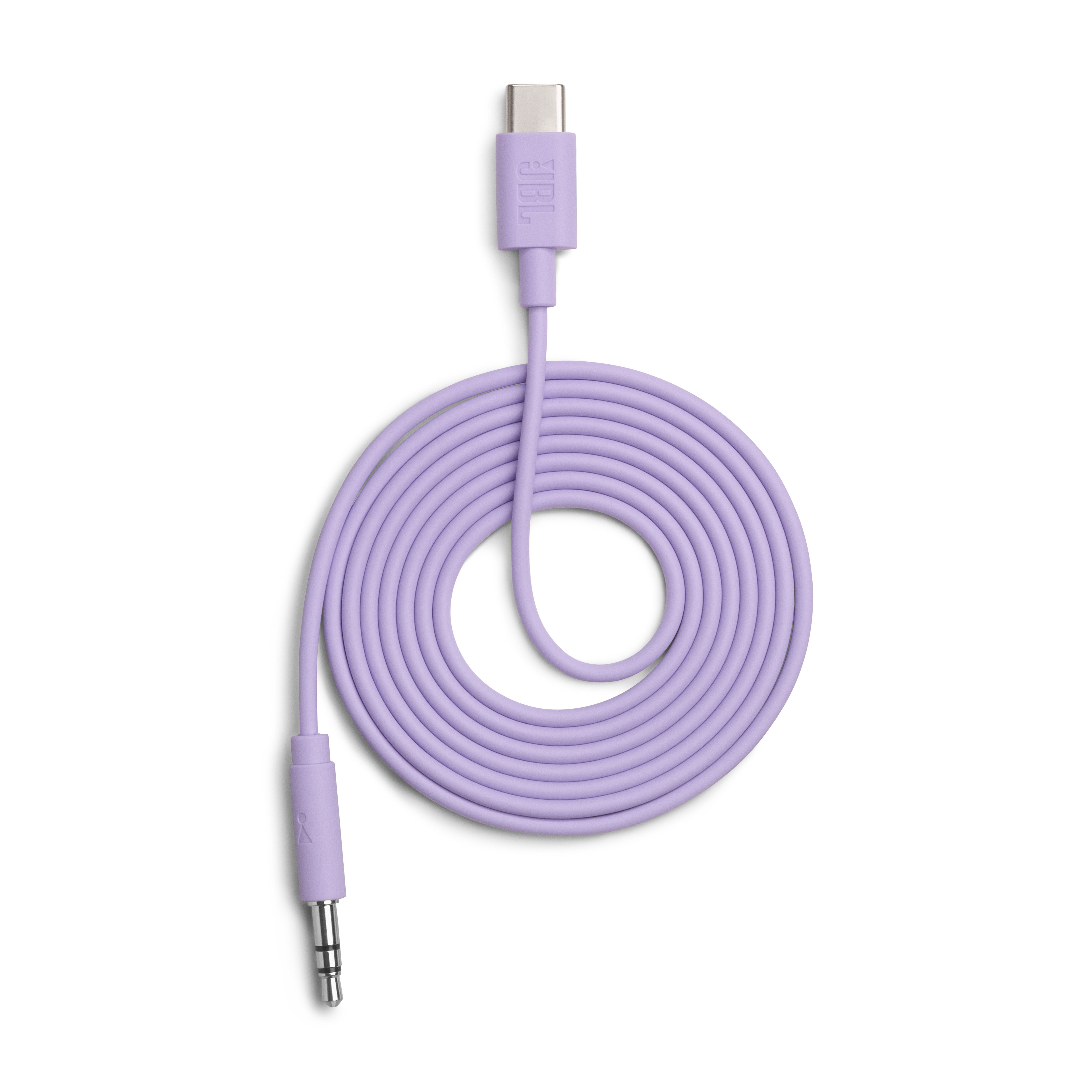 Ein lavendelfarbenes Kabel mit USB-C und 3,5-mm-Anschlüssen.