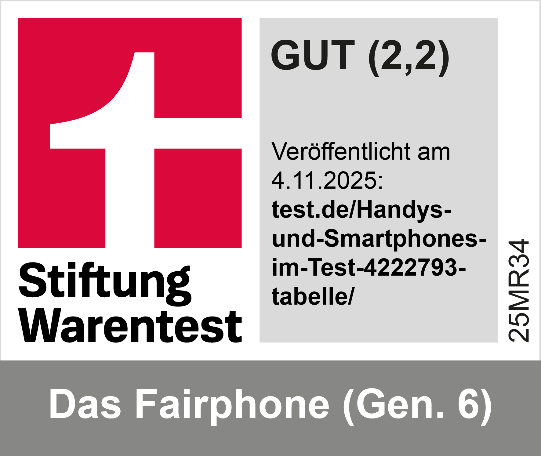 Stiftung Warentest Logo, Bewertung GUT (2,2), Titel Fairphone (Gen. 6).