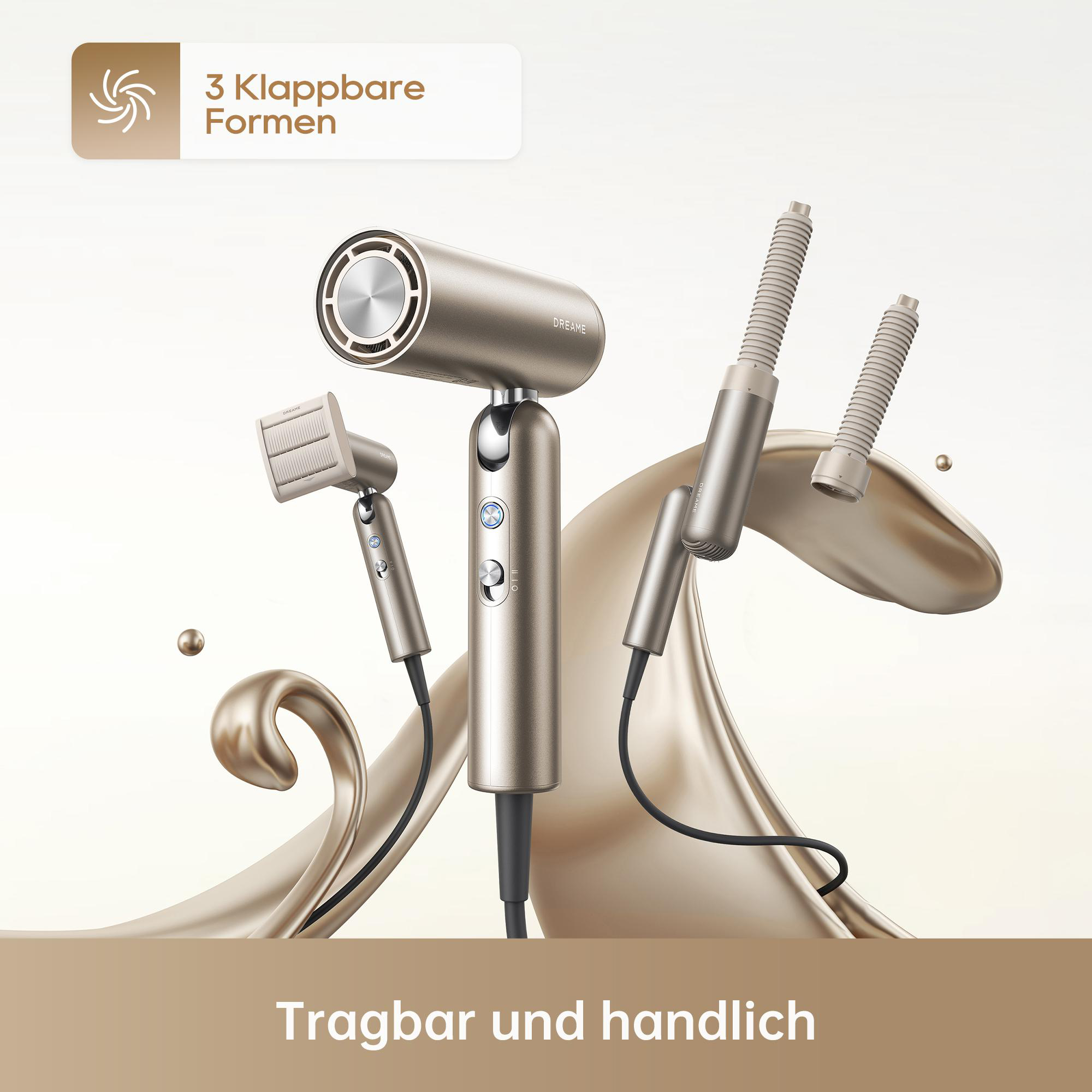 Ein goldener Haartrockner mit drei Aufsätzen, umgeben von fließendem Stoff.