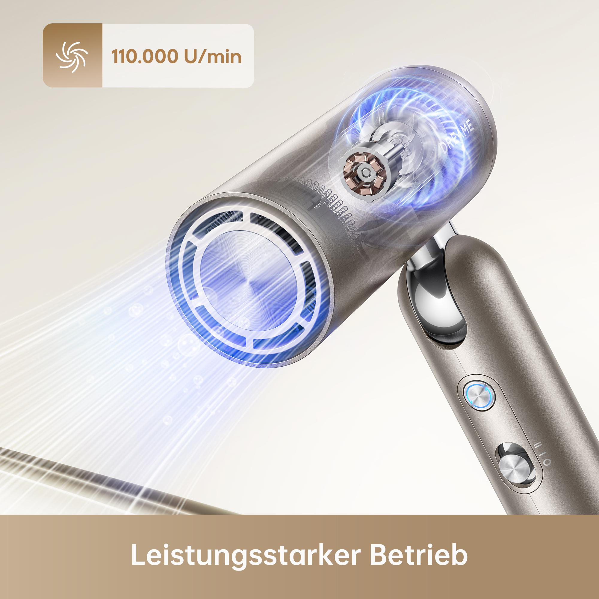 Leistungsstarker Haartrockner mit 110.000 U/min, starker Luftstrom.