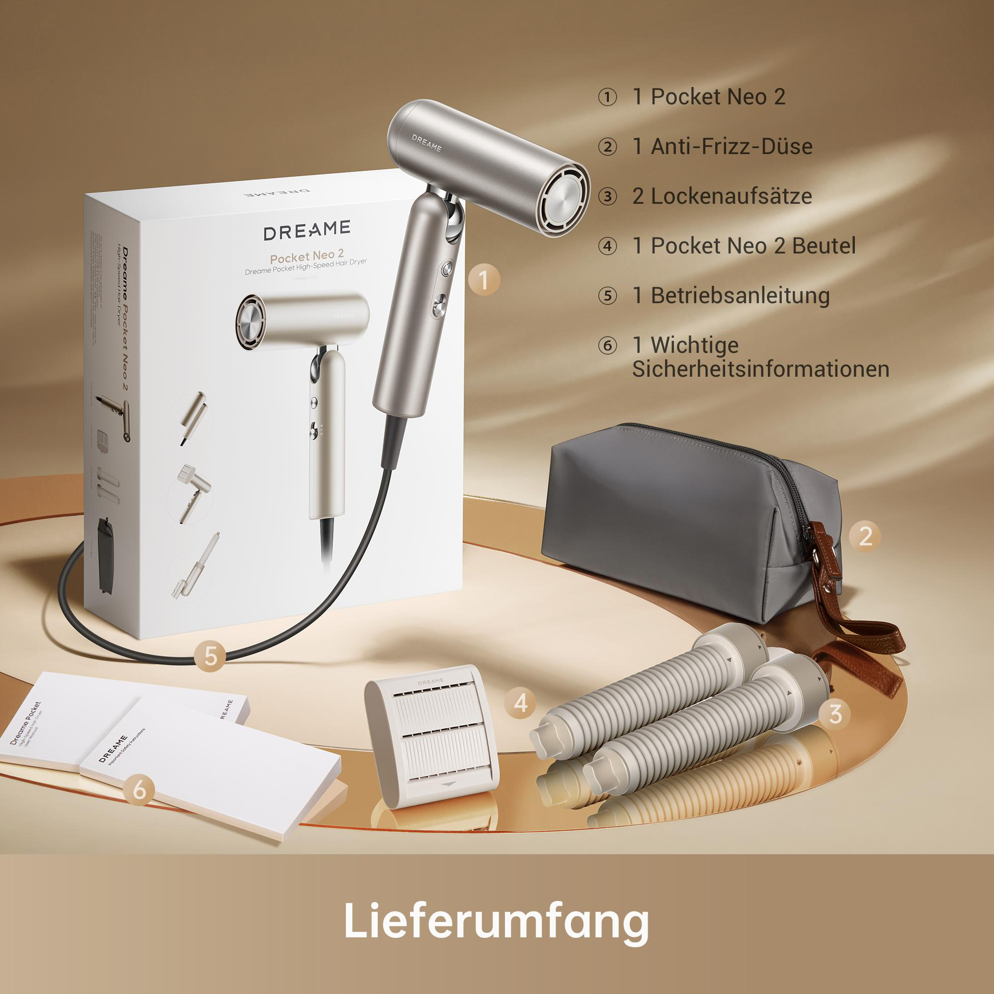 Der Lieferumfang des Dreame Pocket Neo 2 Haartrockners, inkl. Düsen und Beutel.