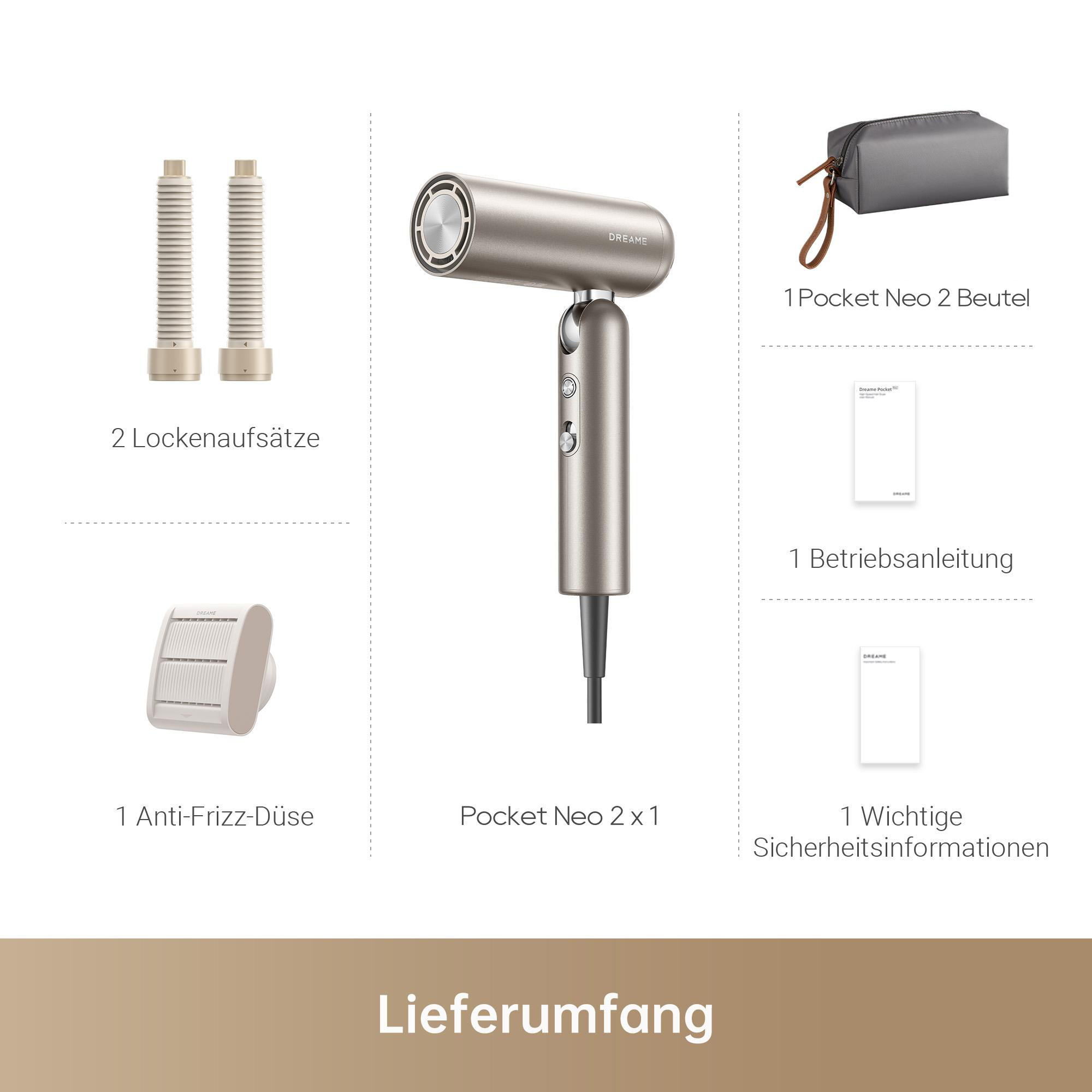 Lieferumfang des Dreame Pocket Haartrockners: 2 Lockenaufsätze, 1 Anti-Frizz-Düse, Haartrockner, Tasche, Anleitung.