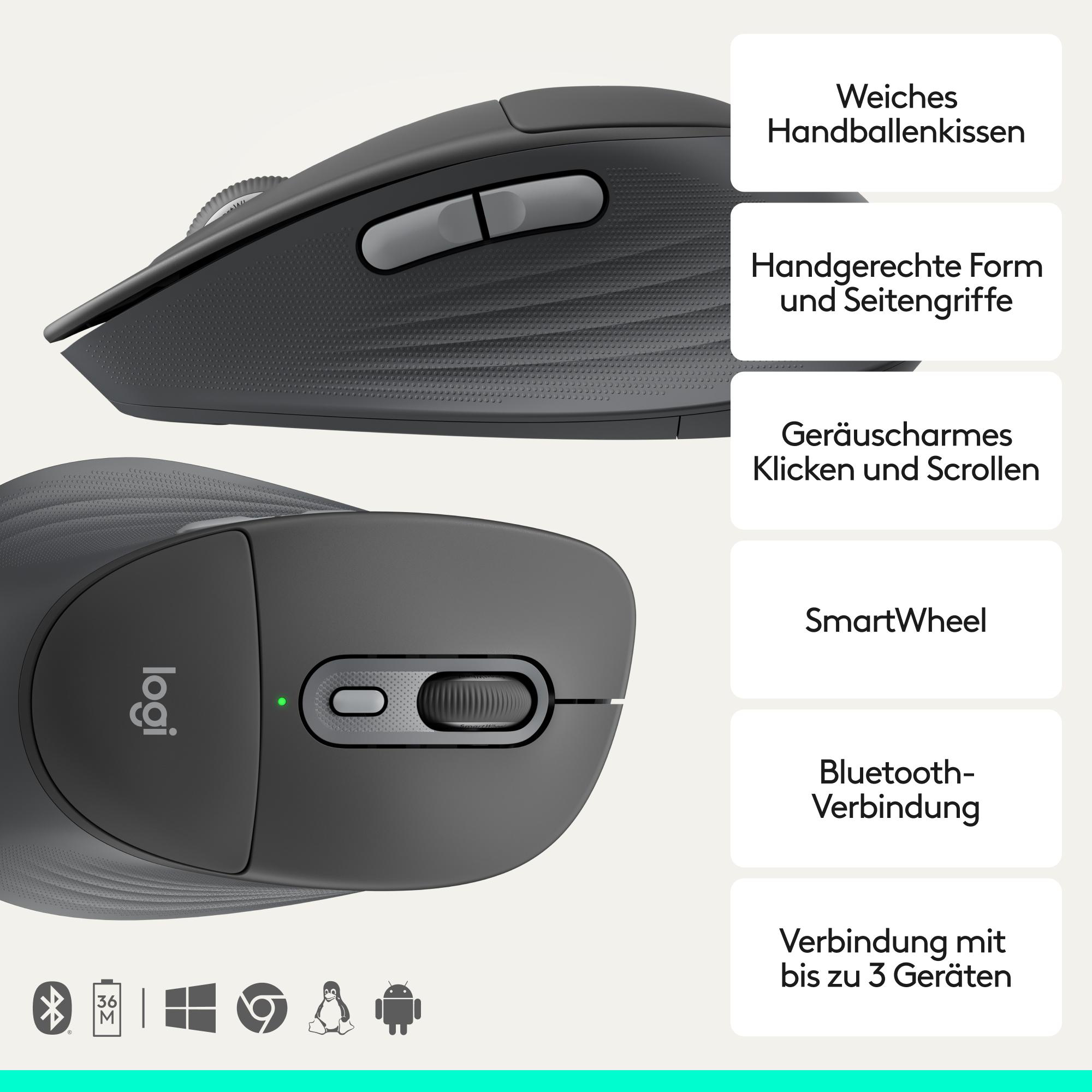 Graue Logitech Maus mit Scrollrad und Seitentasten.