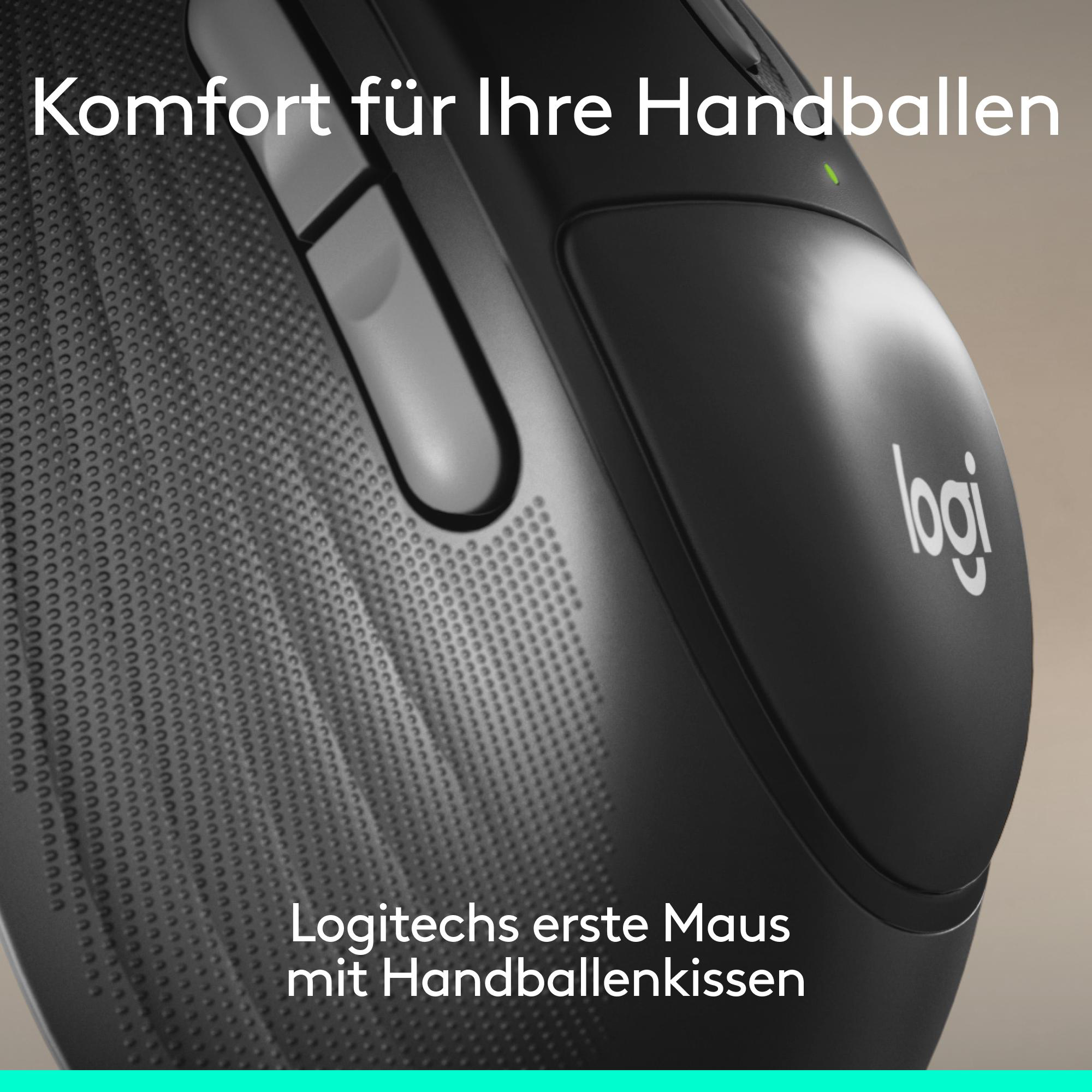 Nahaufnahme einer schwarzen Logitech-Maus mit Text.