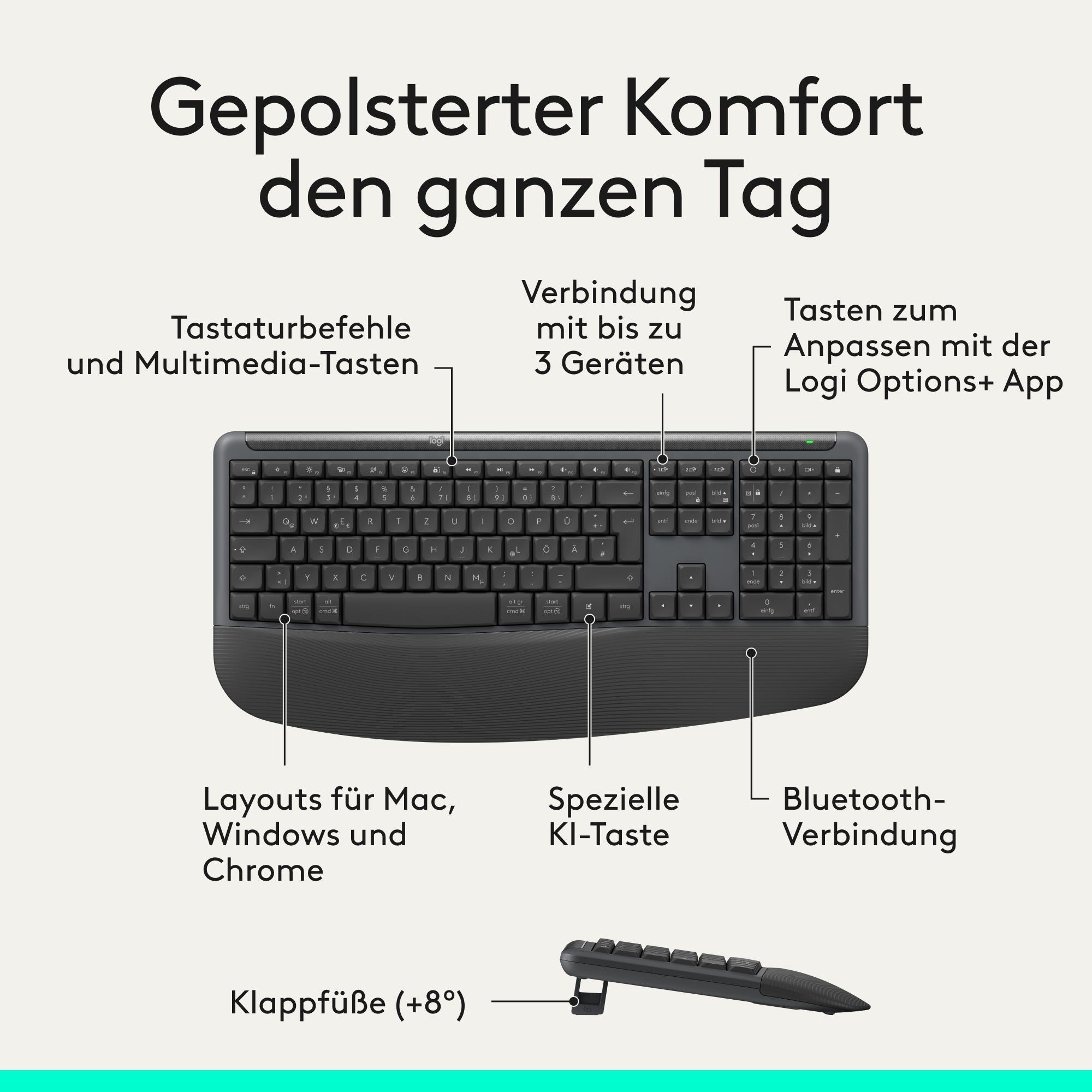 Schwarze Tastatur mit gepolstertem Handgelenkauflage, Pfeiltasten und Nummernblock.