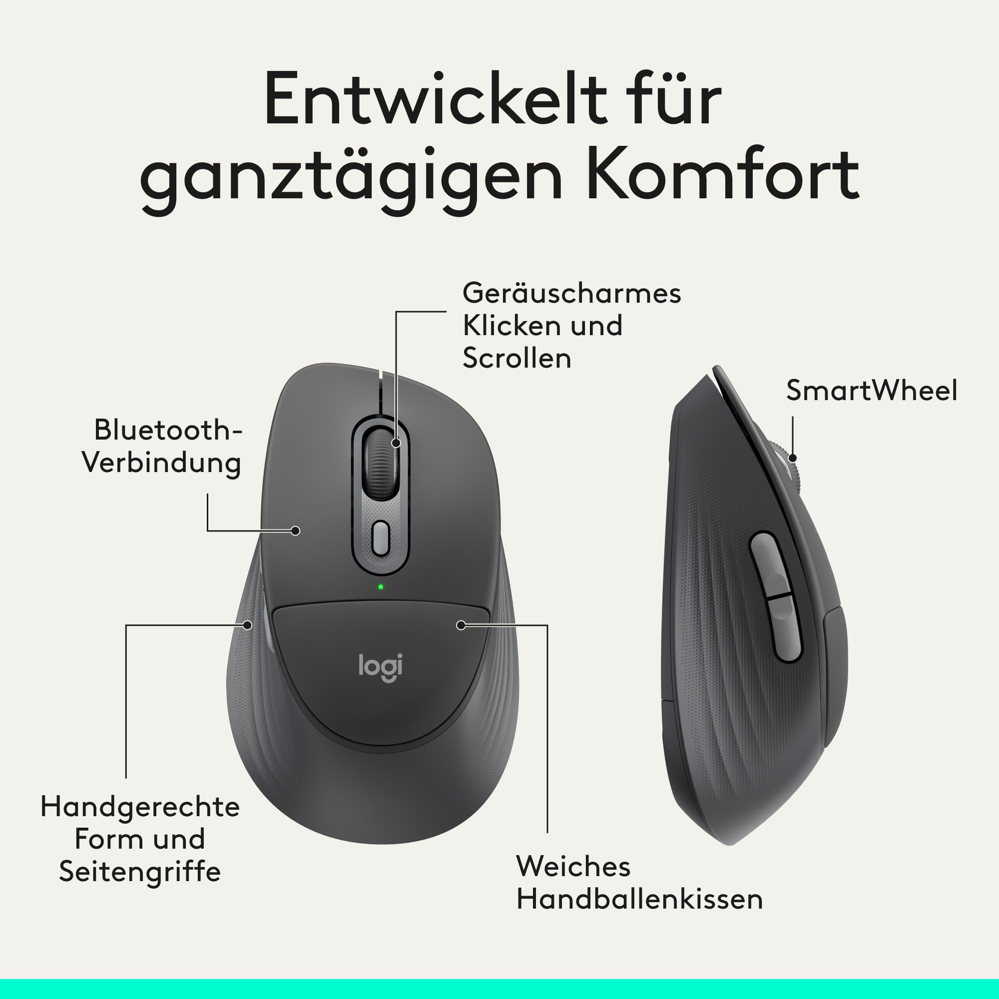 Zwei Logitech-Mäuse, eine mit Beschriftungen für Bluetooth, leises Klicken und ergonomische Form.