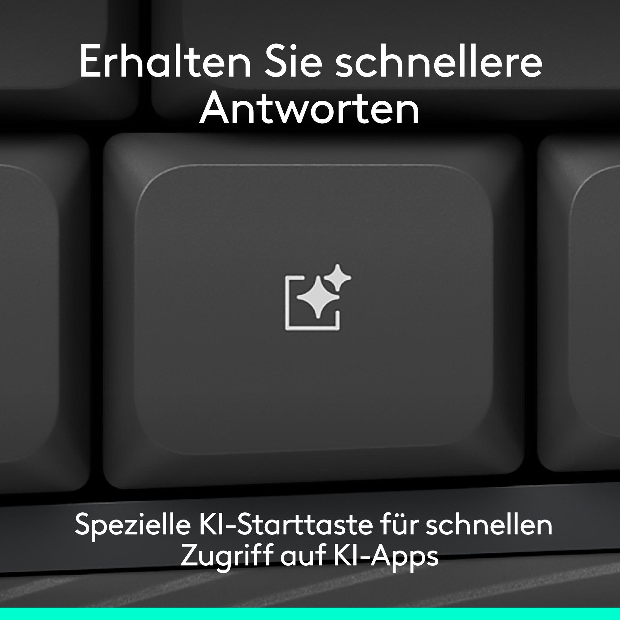 Tastatur mit KI-Symbol. "Erhalten Sie schnellere Antworten".