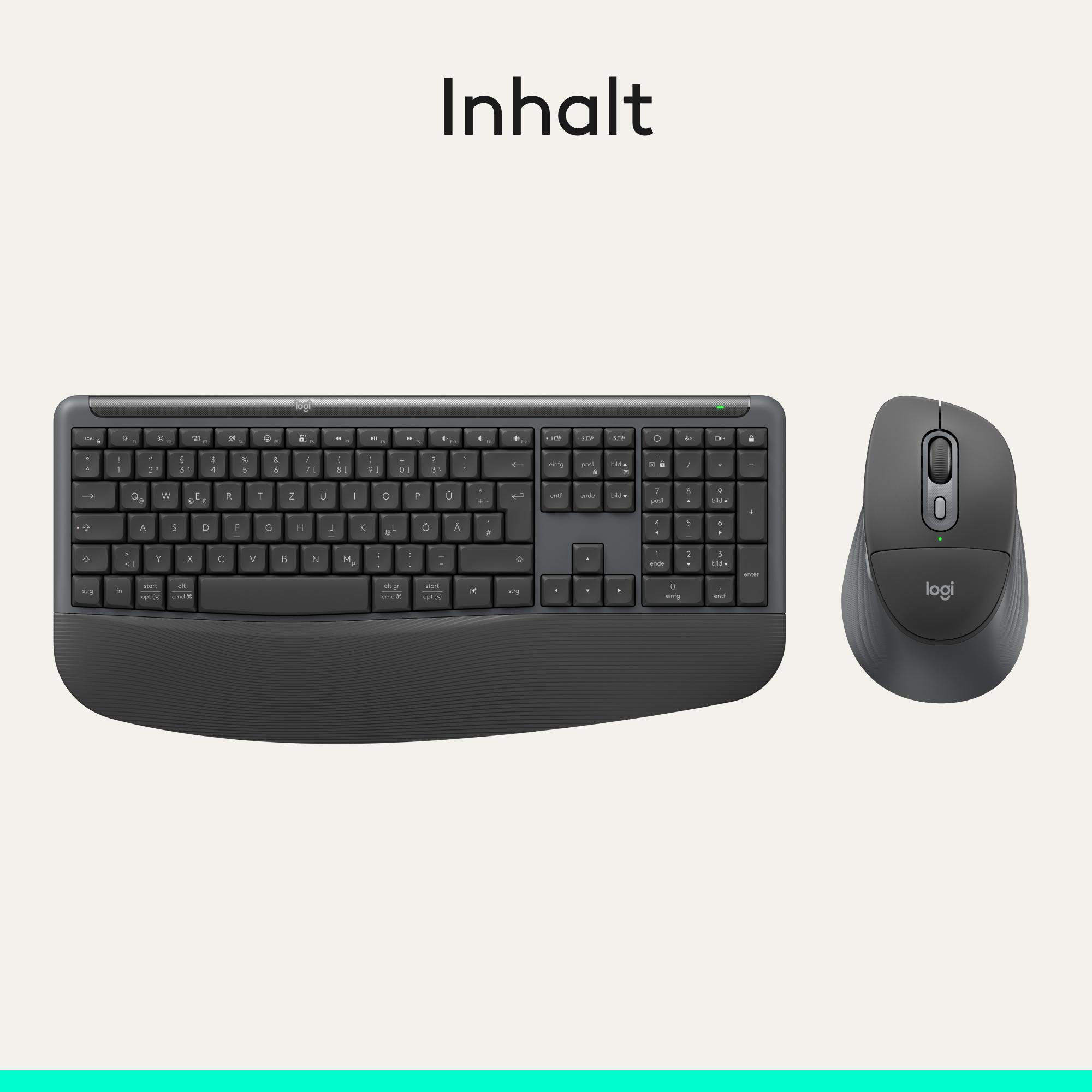 Eine graue Logitech Tastatur und Maus liegen nebeneinander auf hellem Hintergrund.