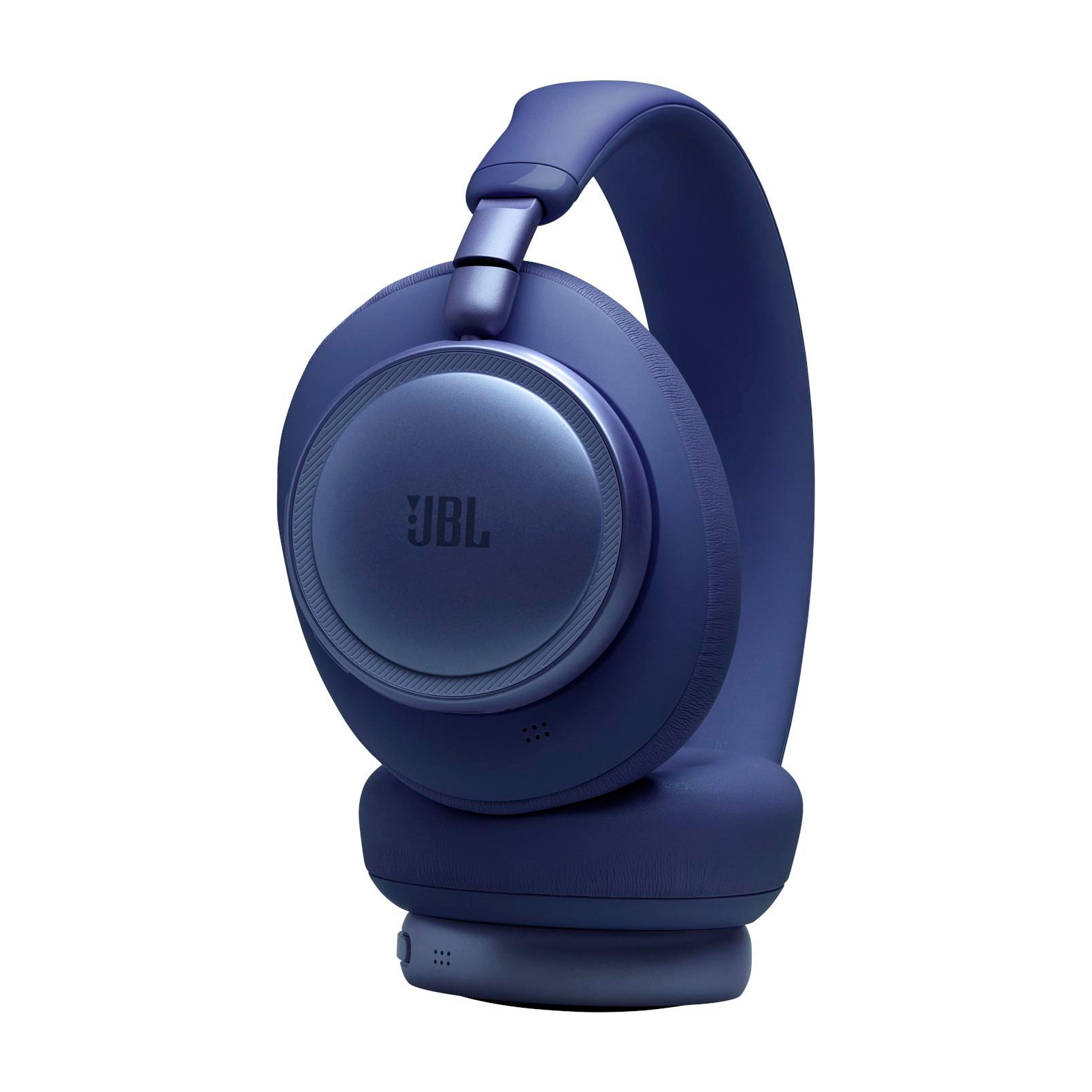 Eine einzelne marineblaue JBL-Kopfhörer auf weißem Hintergrund.