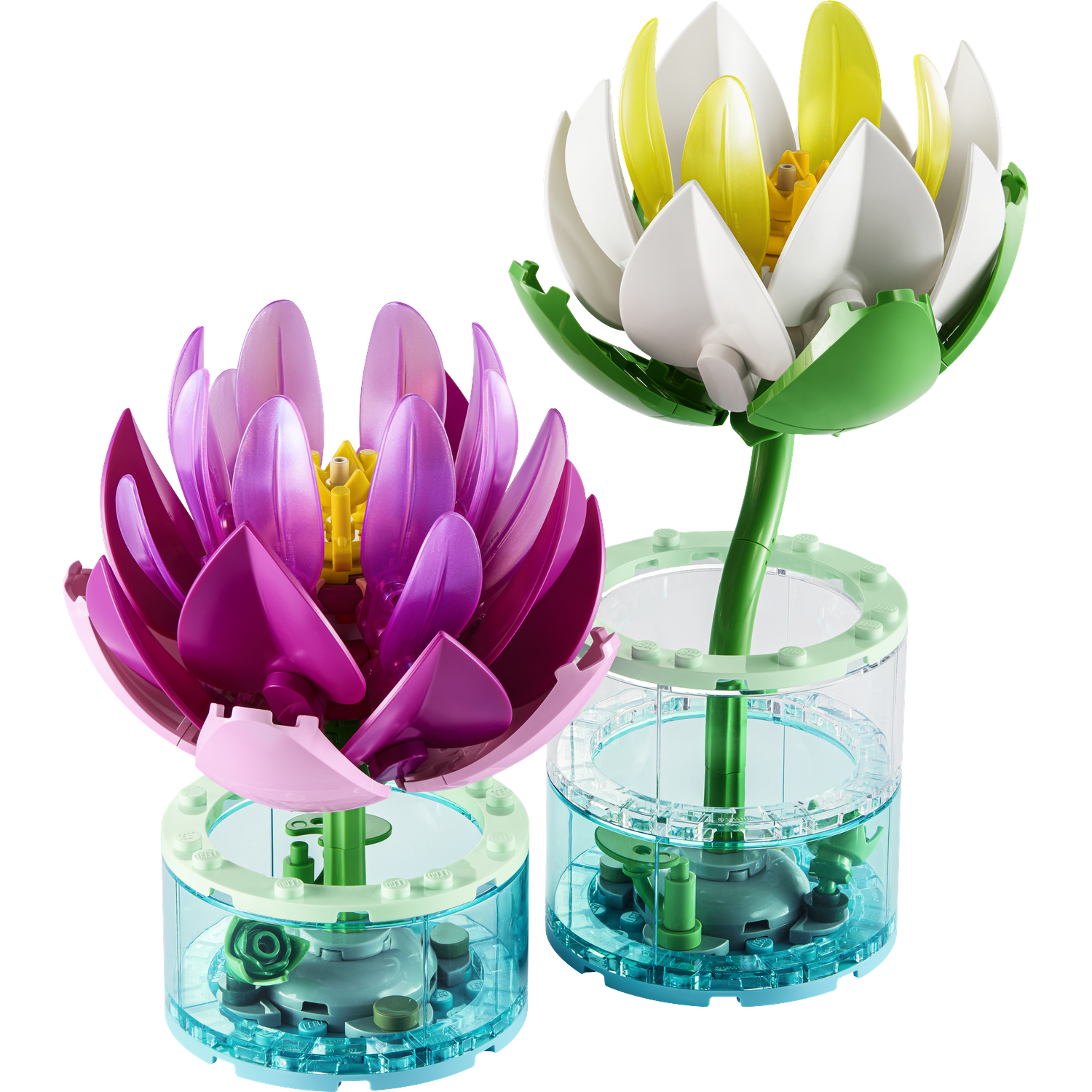 Two plastic LEGO lotus flowers in clear containers.