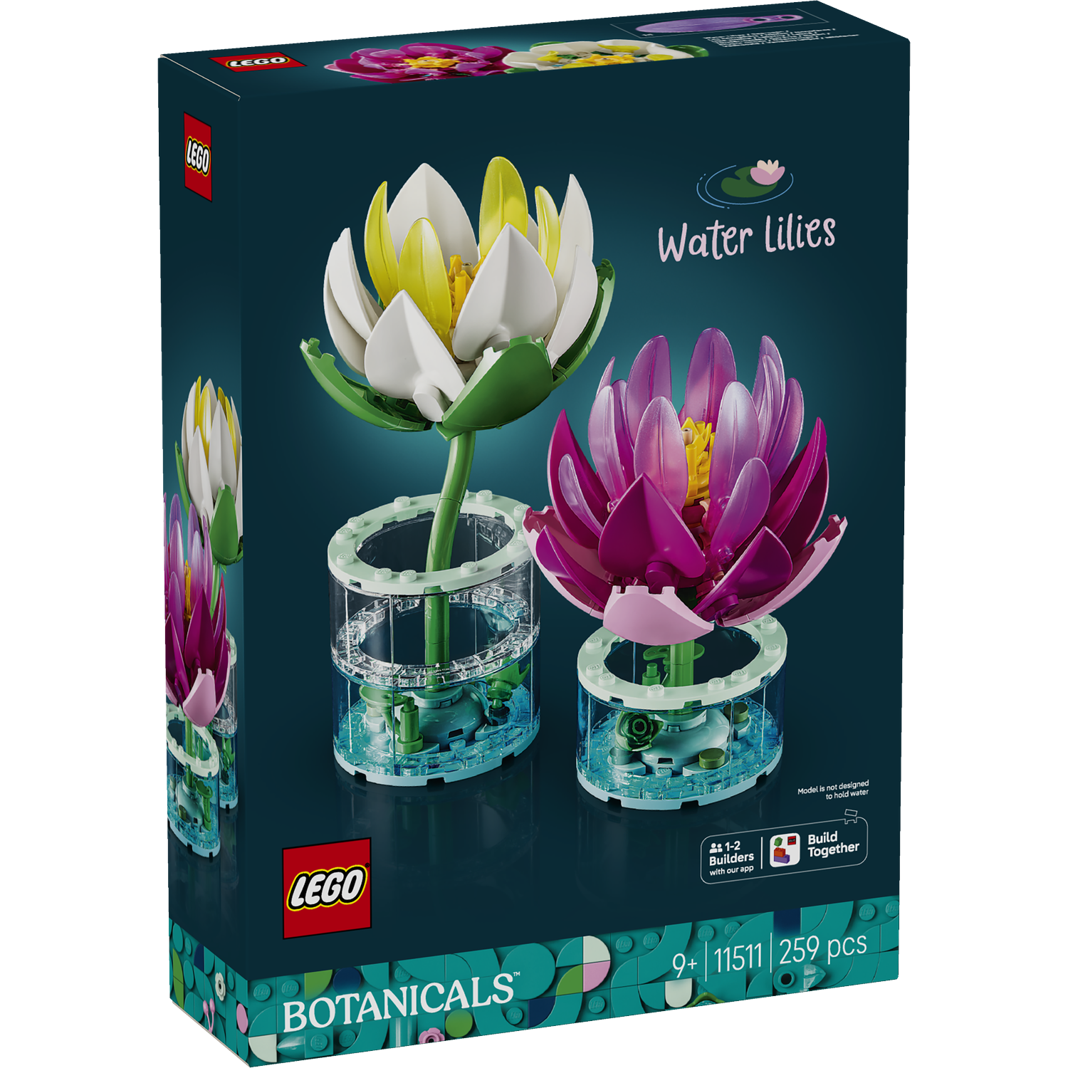 Lego Botanicals Water Lilies set box. White and pink water lilies in clear pots.