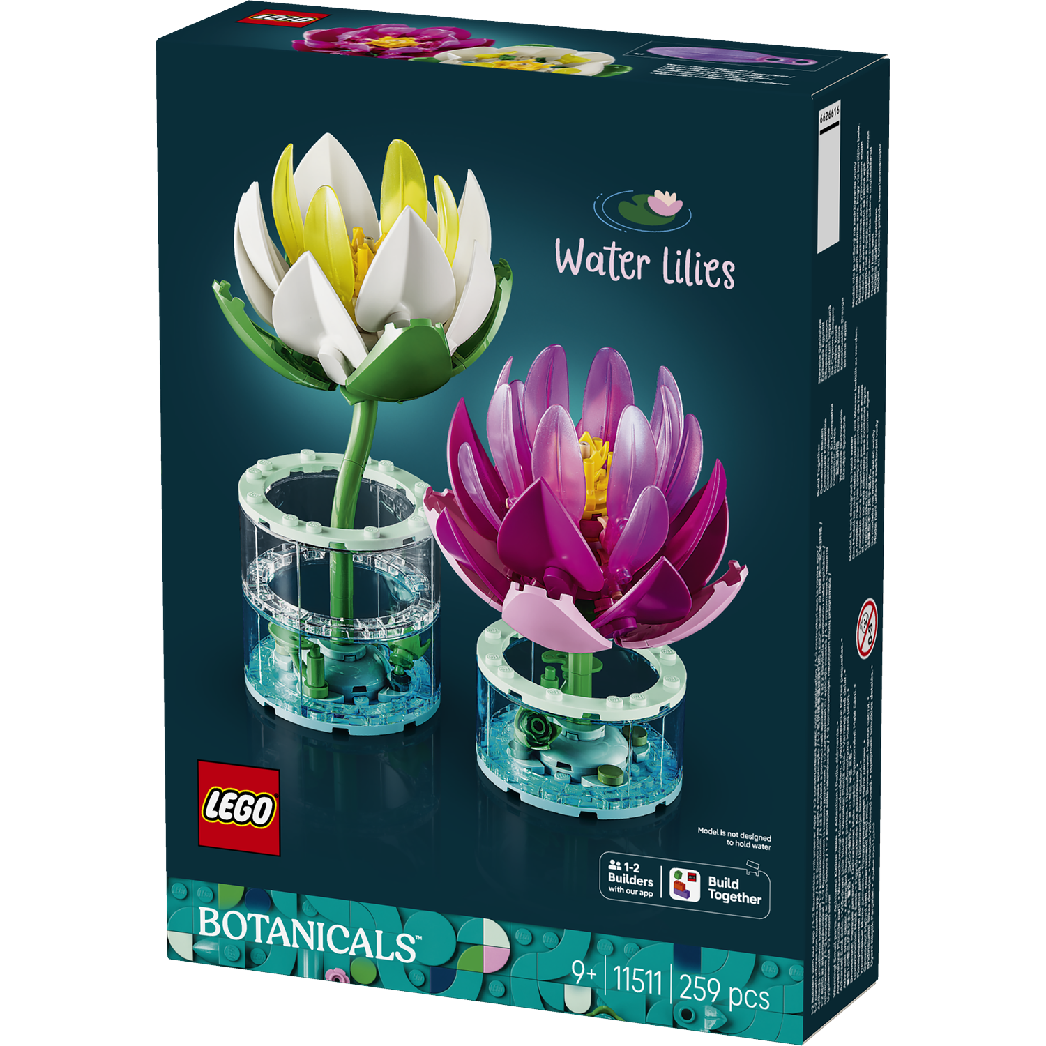 LEGO "Water Lilies" set with yellow and purple flowers in clear vases.