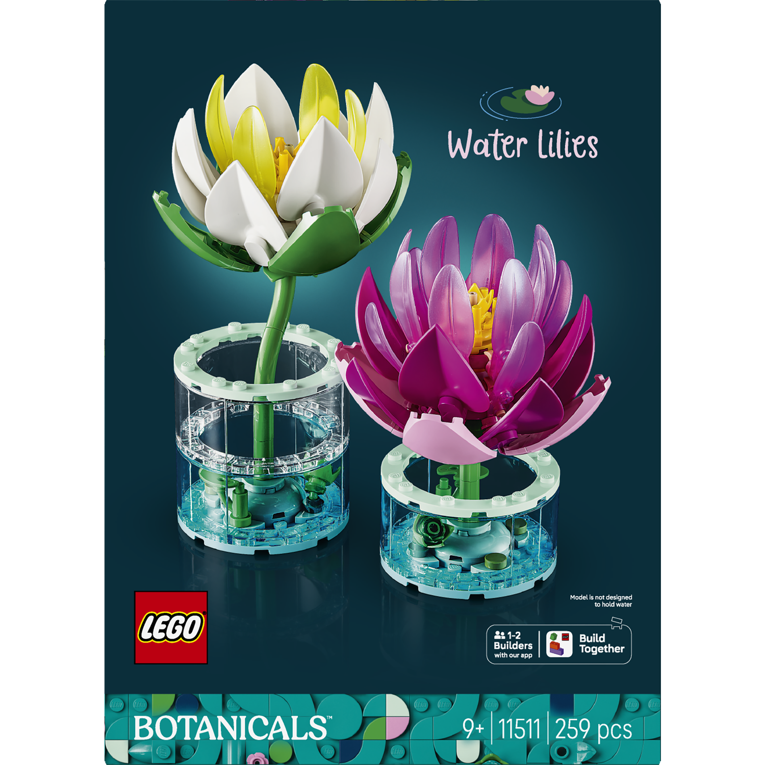 Two Lego water lilies, one white and yellow, one pink, in clear vases. Text says Water Lilies.