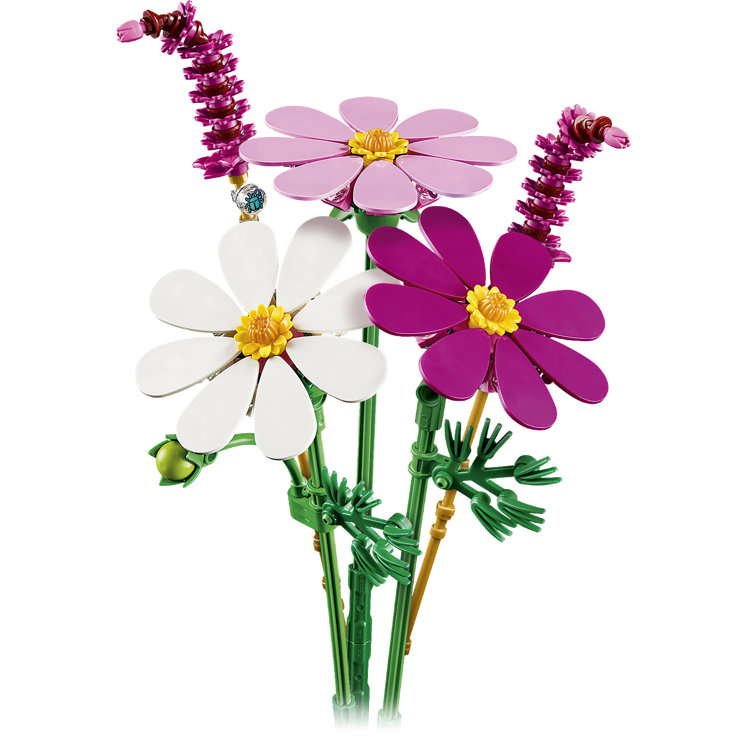 A bouquet of LEGO flowers in pink, purple, and white with green stems.