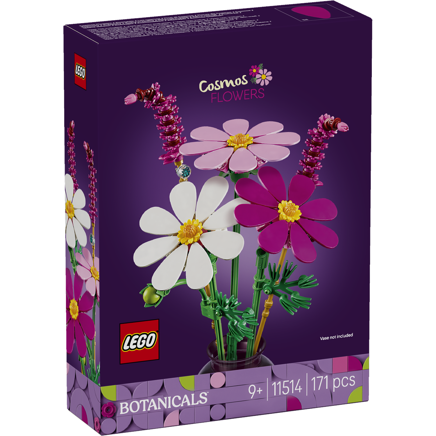 Lego flower set in purple box, showing white, pink, and purple flowers.