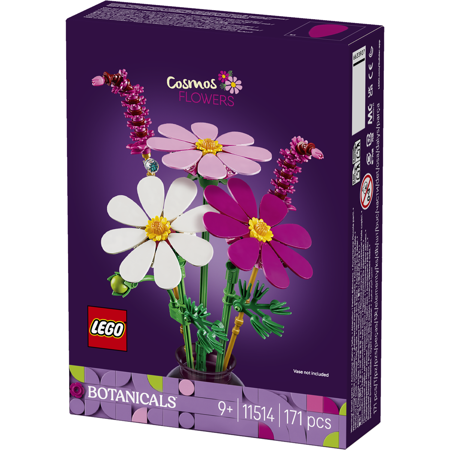 LEGO Cosmos Flowers box with white, pink, and purple flowers.